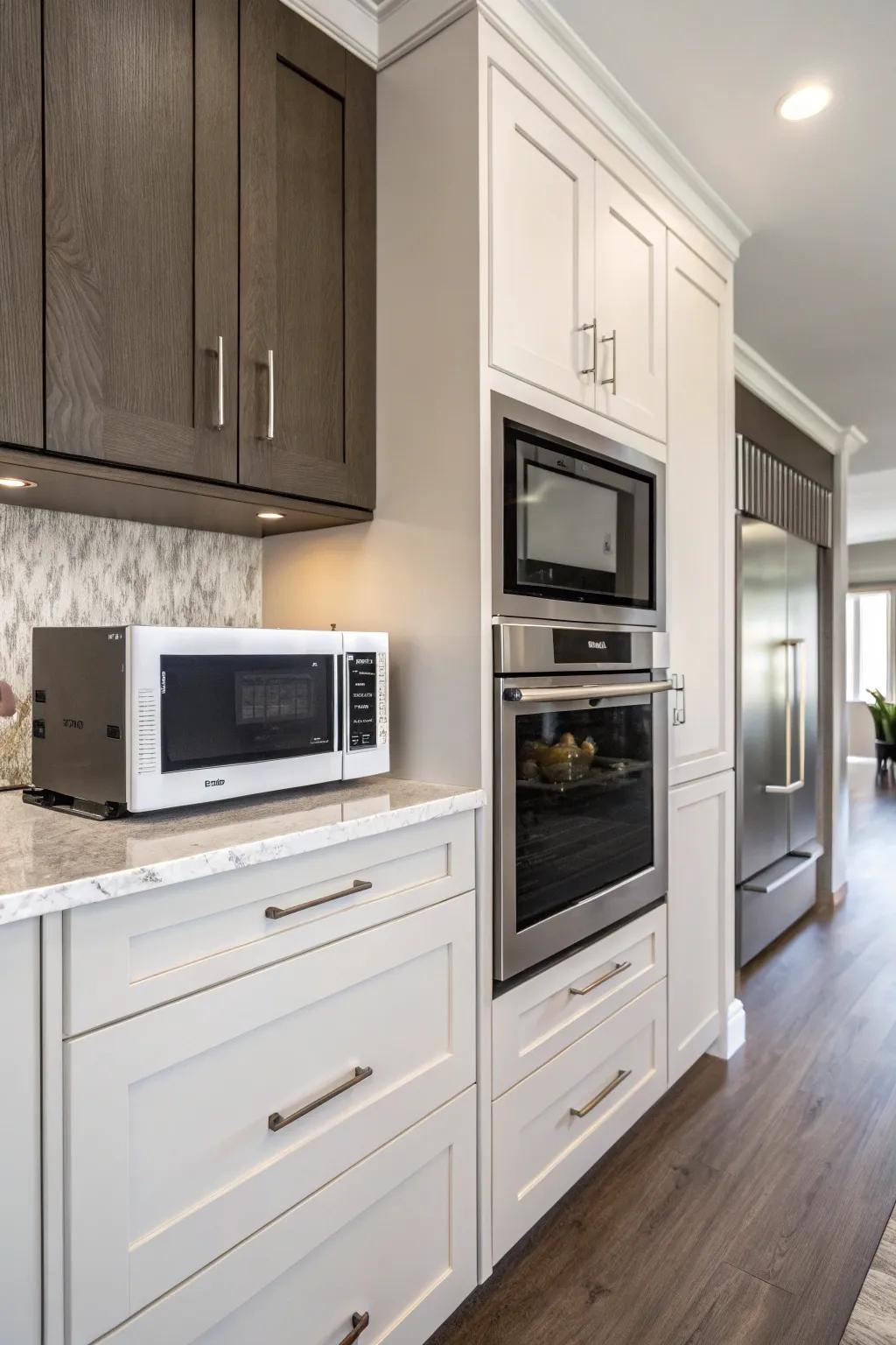 A sunken wall microwave presents a smooth and refined cooking area solution.