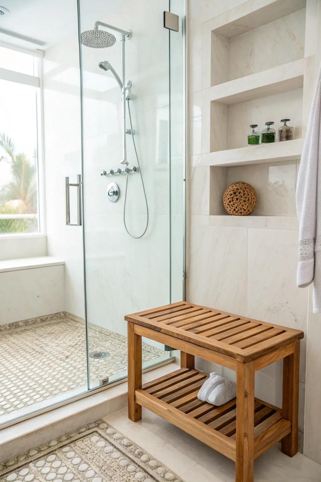Spa-inspired elements create a peaceful escape in this white bathroom.
