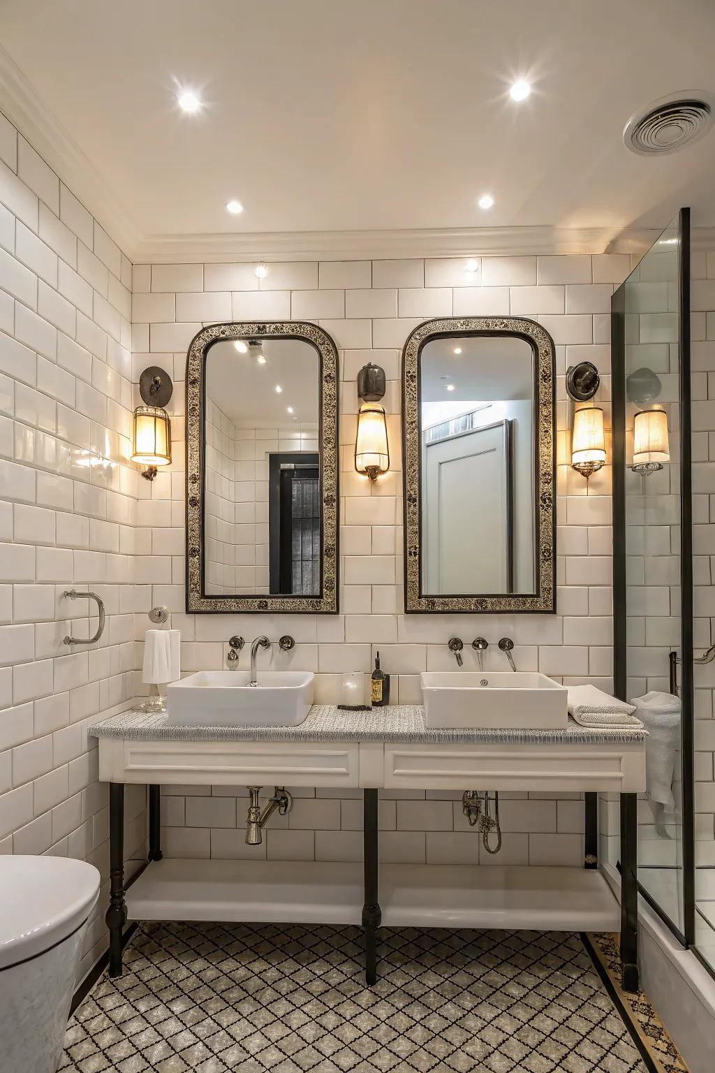 Ornamental features elevate the elegance of white tiles.