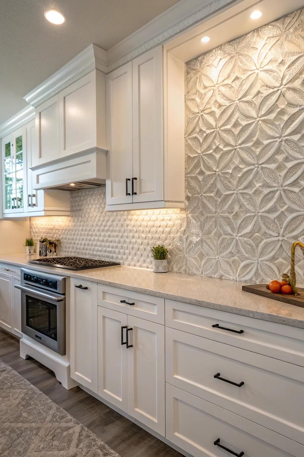 Raised tiles creating a captivating focal element in a white cabinet kitchen.