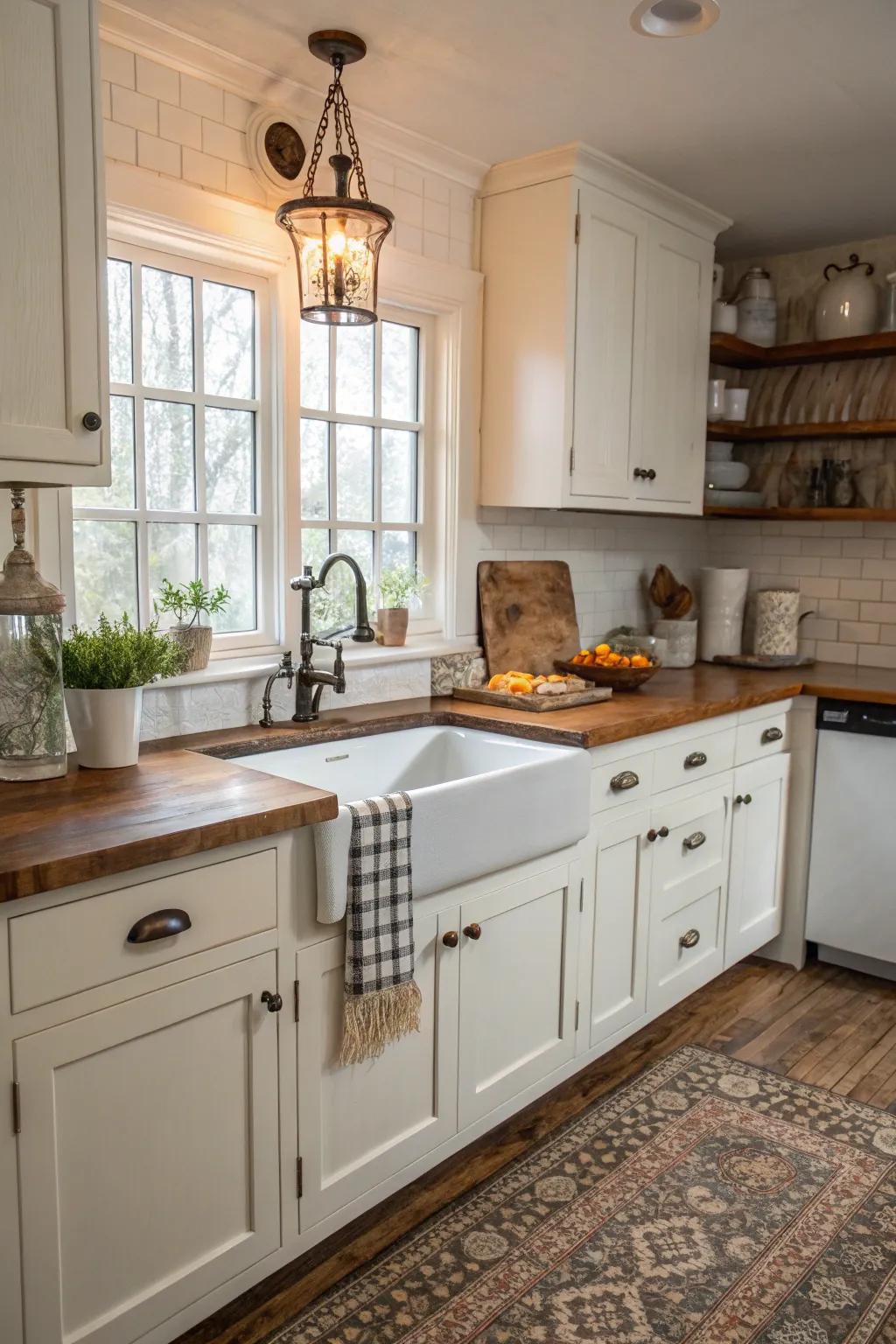 A kitchen which mixes modern practicality with vintage charm.