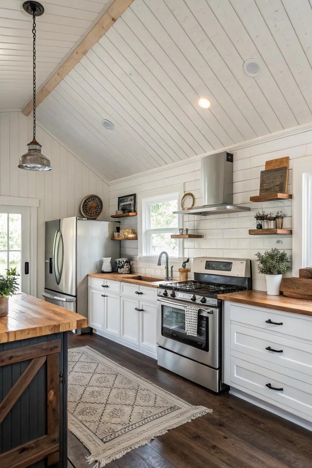 A kitchen featuring a white textured ceiling, adding a touch of charm and character.