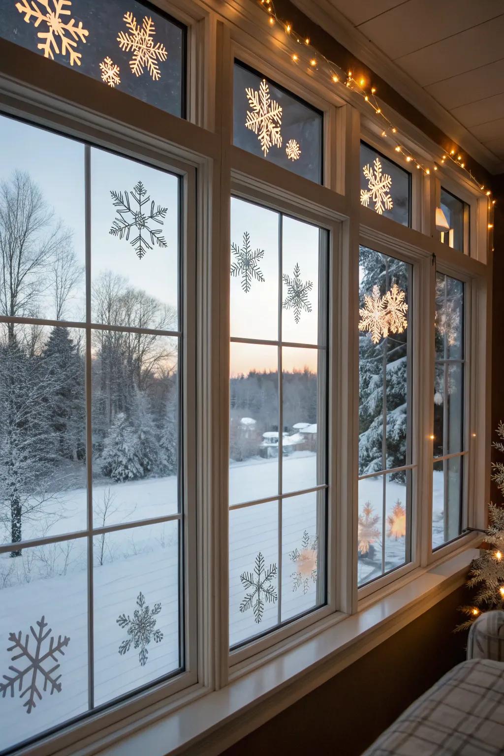 Snowflake stickers that transform your perspective into a winter wonderland.