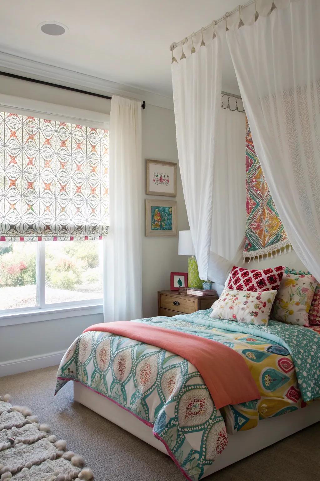 Layering ivory drapes with patterns adds a playful dimension to the bedroom.