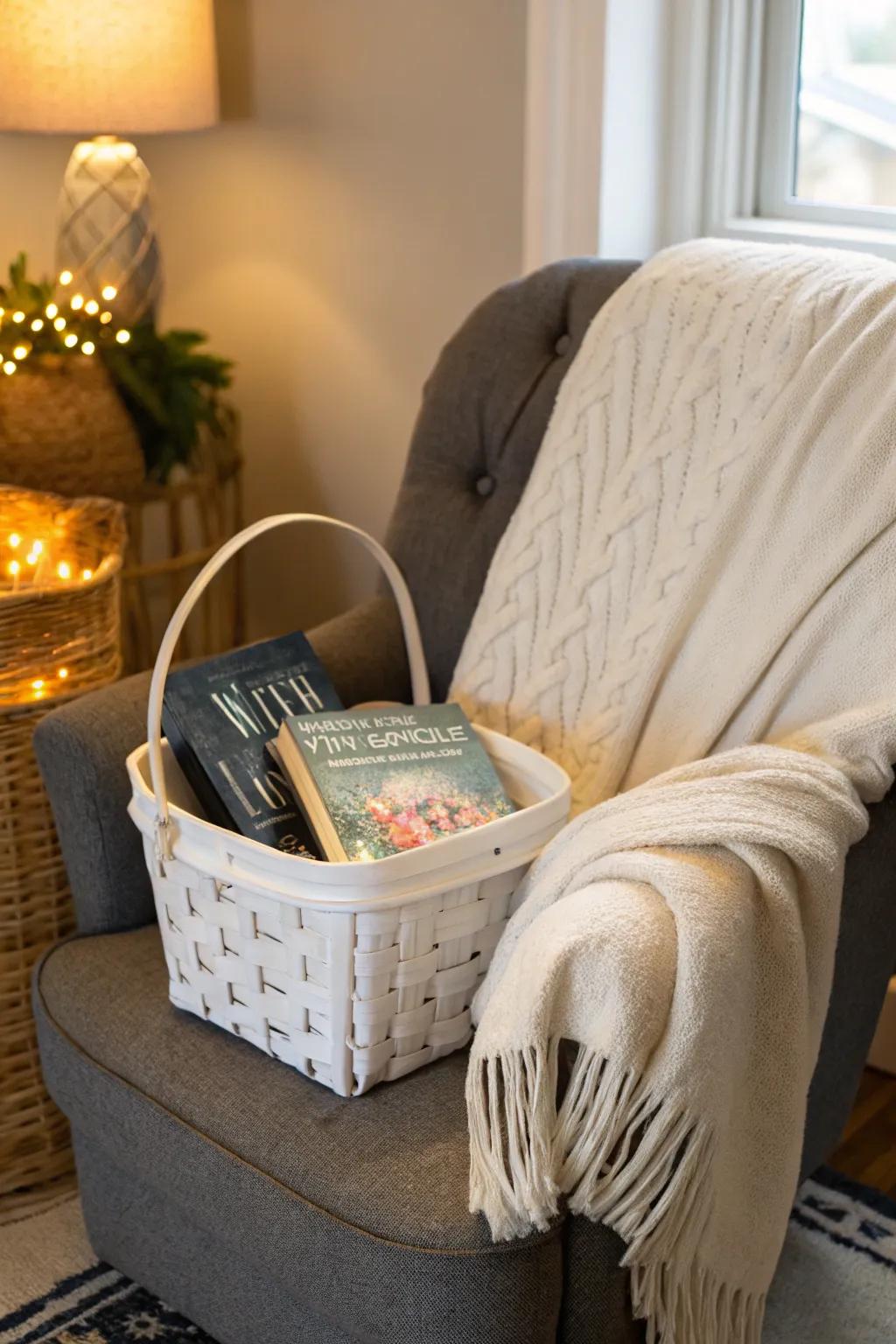A zen reading spot white gift basket, crafted for the soul of every book lover.