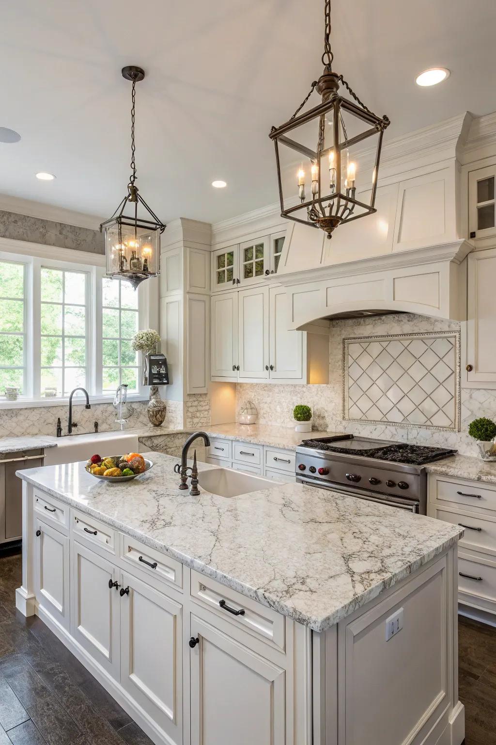 Marble and granite unite which establishes a timeless kitchen elegance.