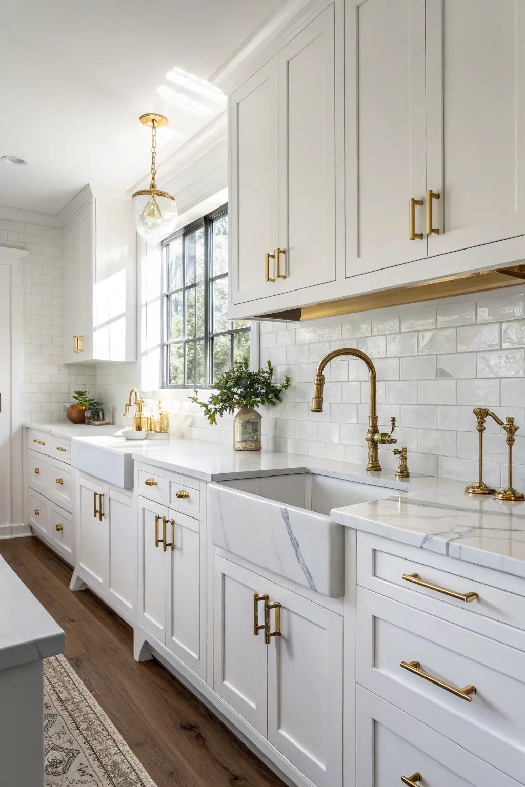 Brass hardware elevates the pristine white kitchen with a hint of luxury.