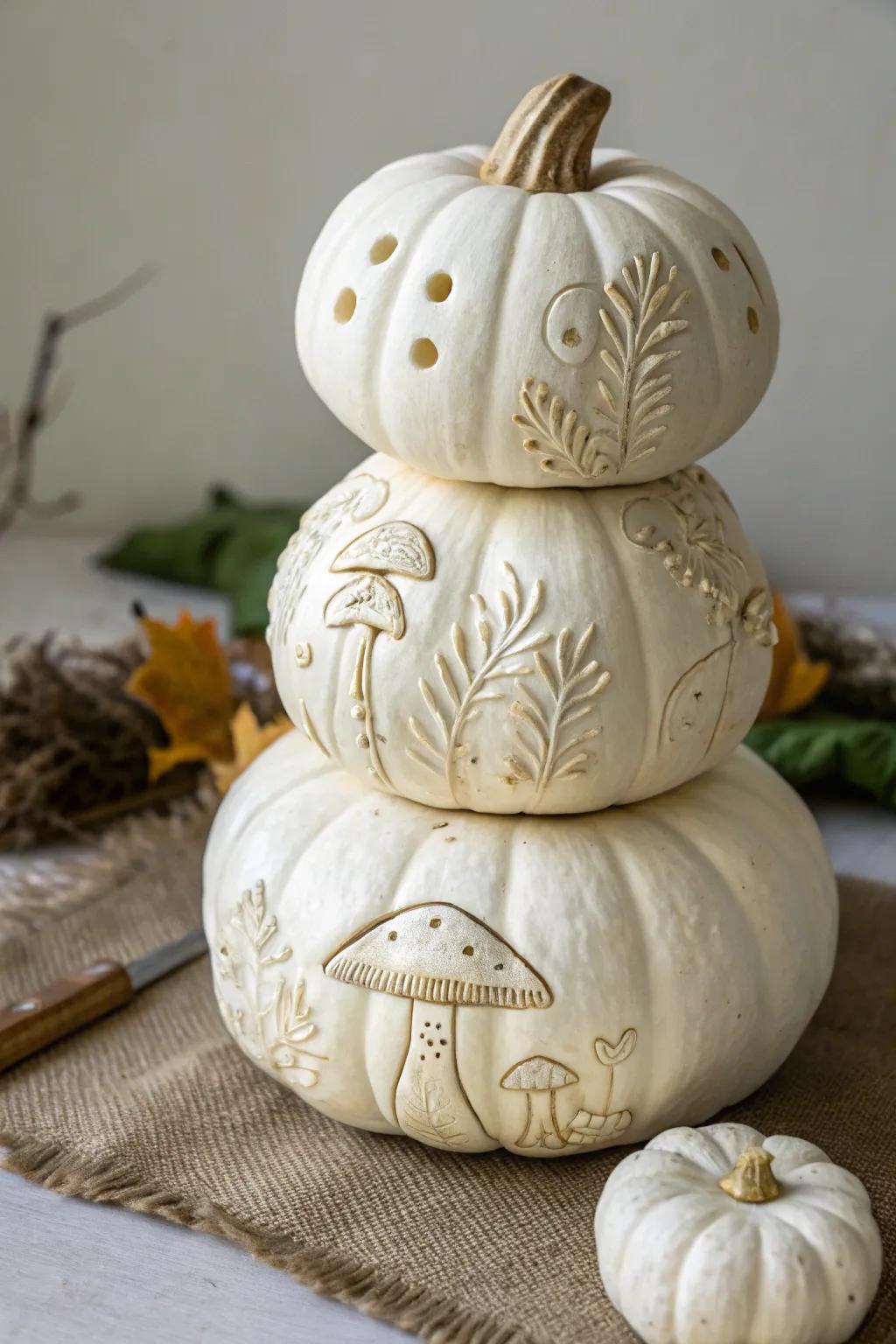 A whimsical fungus pumpkin design adds charm to any setting.
