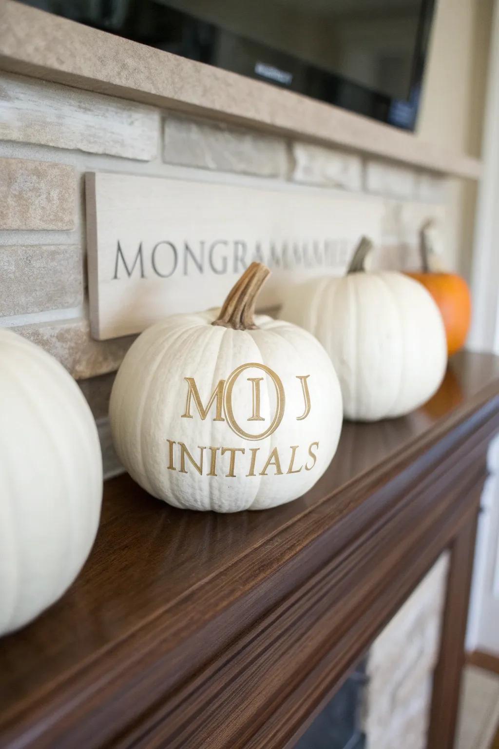 Pumpkins with initialed insignias for a personalized aesthetic.
