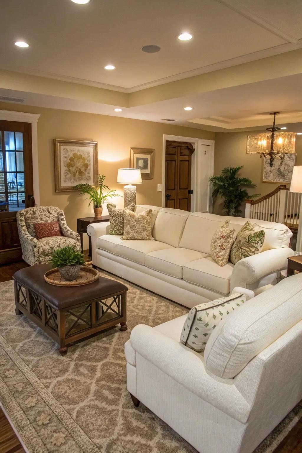 Accent furniture enhances the functionality of a living room featuring a white modular sofa.