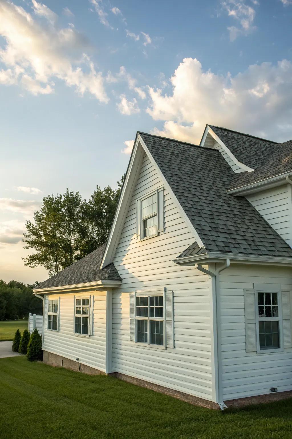 A house featuring white vinyl siding and delightful front walls.