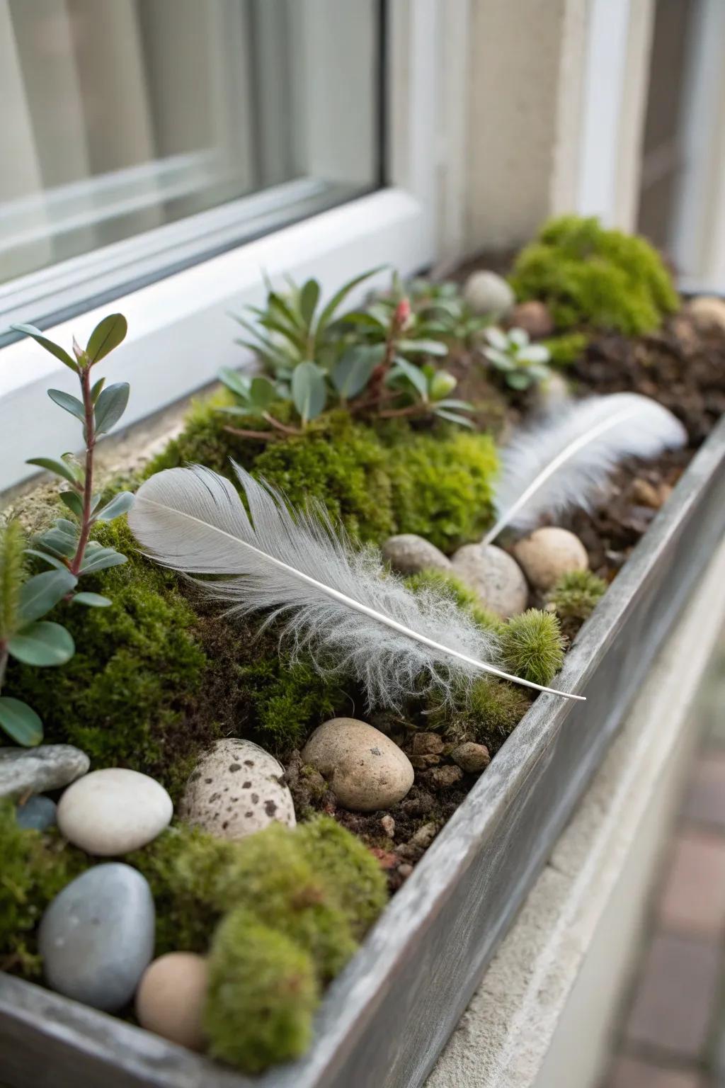 A tactile enjoyment with plumage and vegetation in a window box