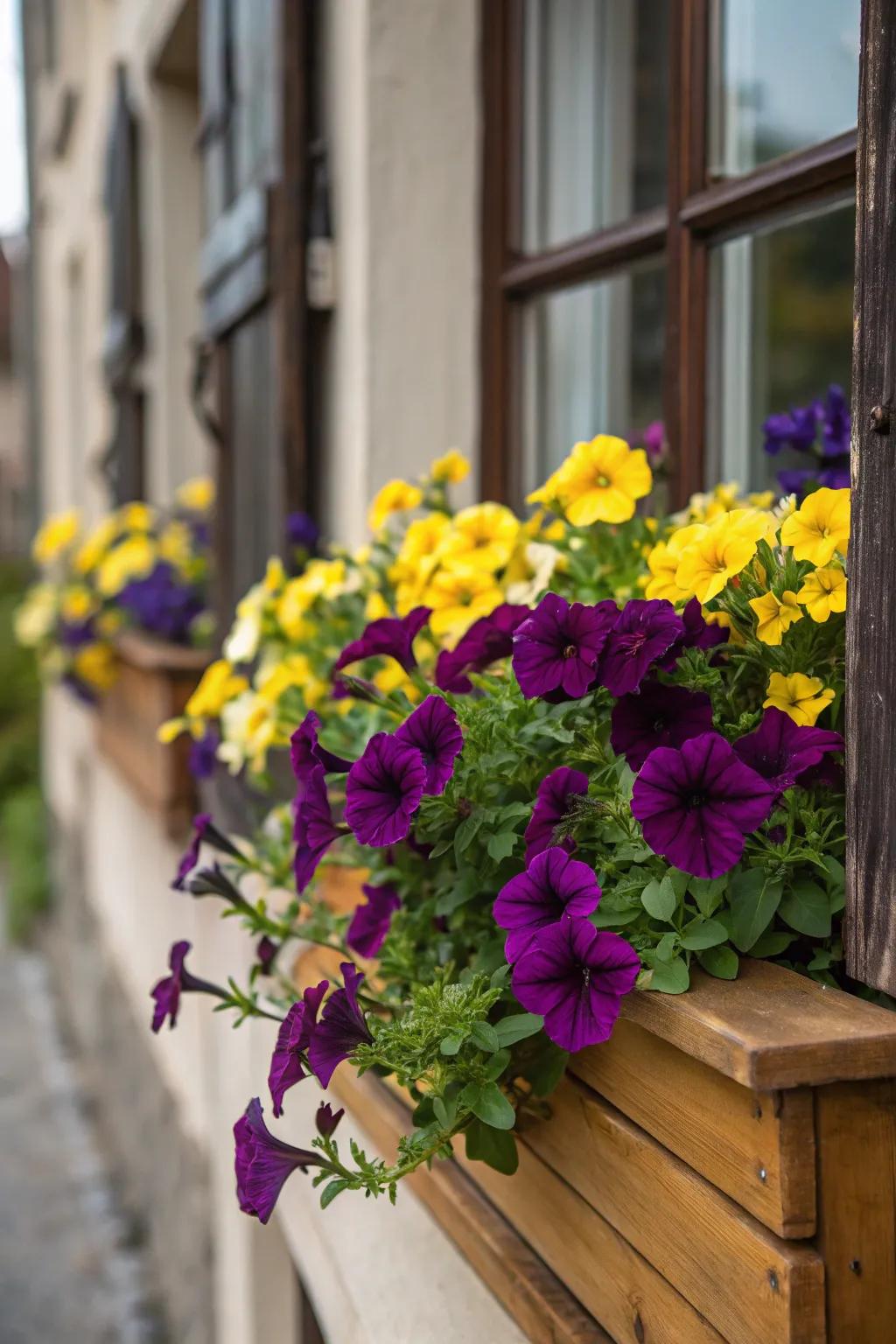 Striking contrast with deep purple and yellow flowers.