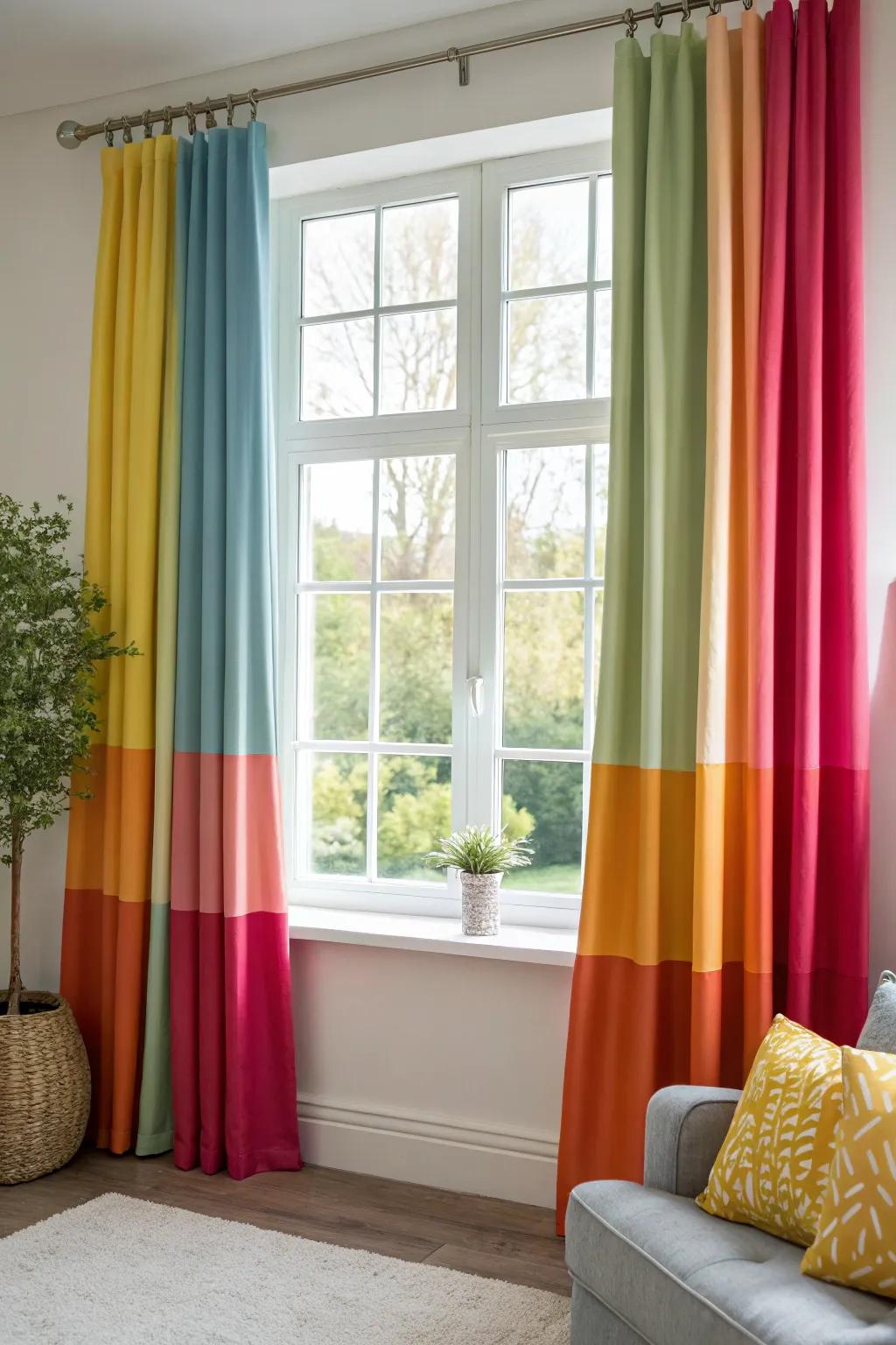 Chromatic division window coverings add a modern touch to this living space.