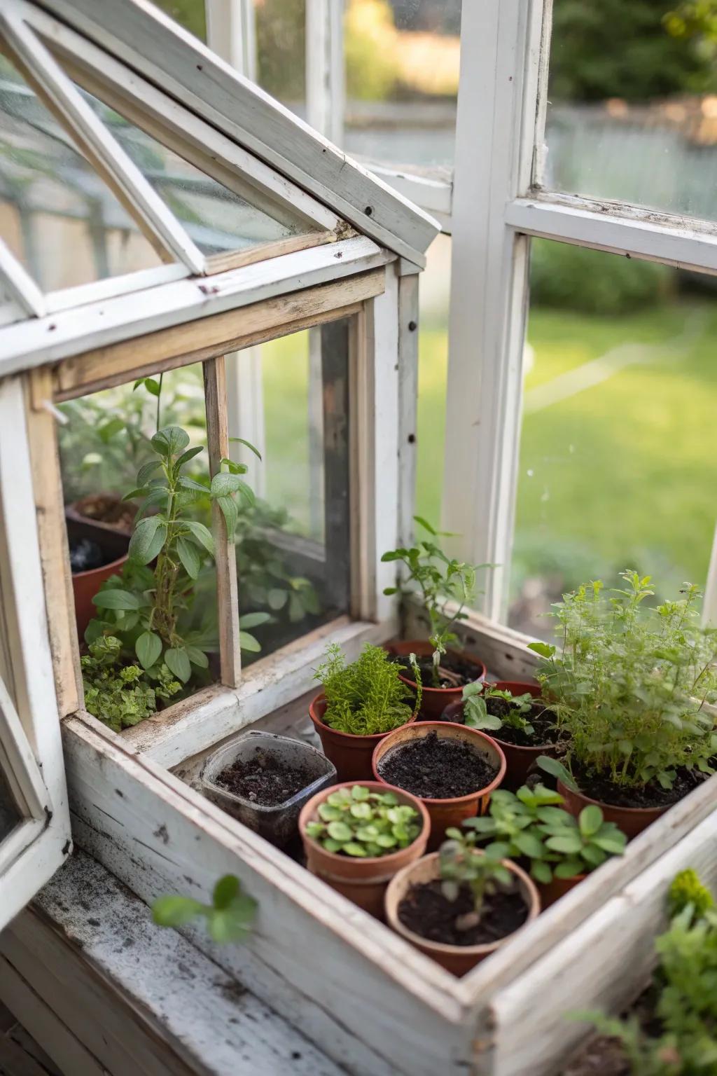 Small conservatories with window frames nurture indoor flora.