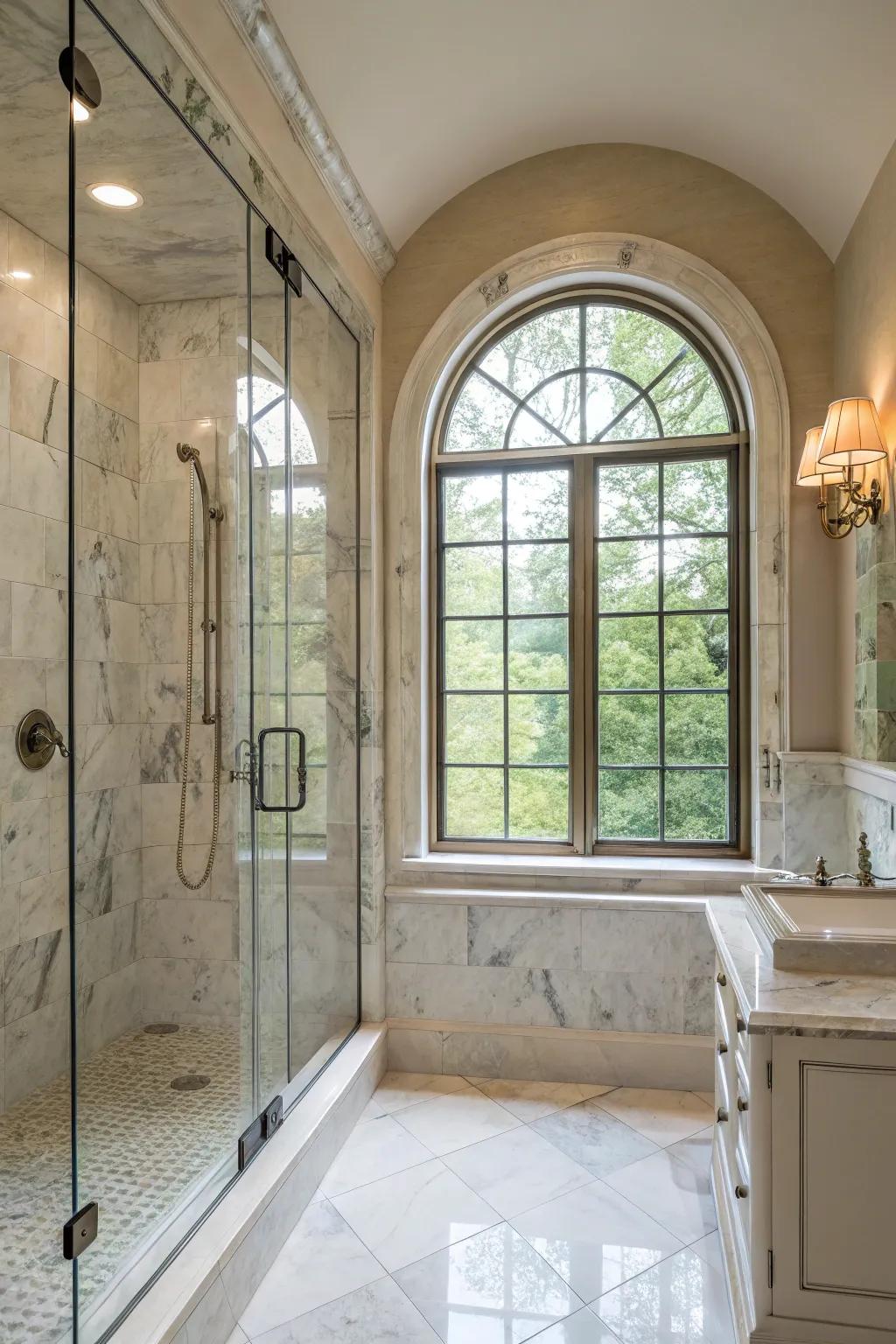 An arched window adds a stylish touch to the shower area.