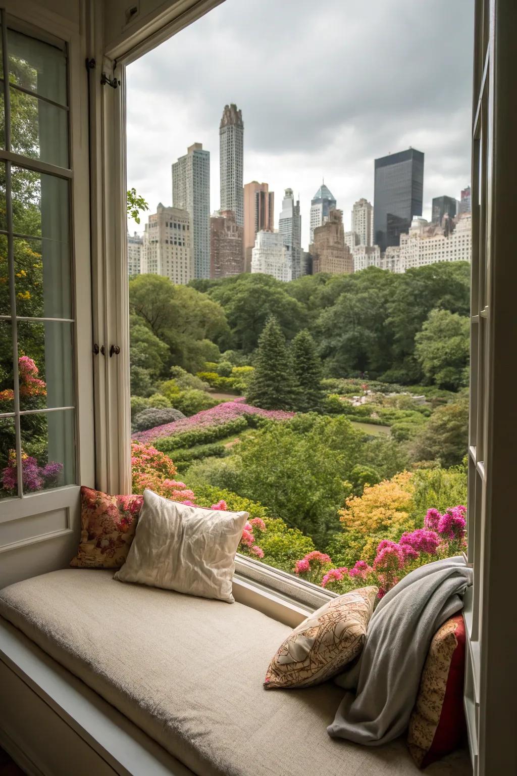 A window seat that provides a captivating view of the outdoors, perfect for daydreaming.