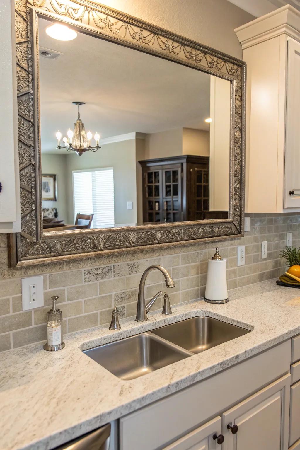 Looking glasses can broaden and brighten a window-free location.