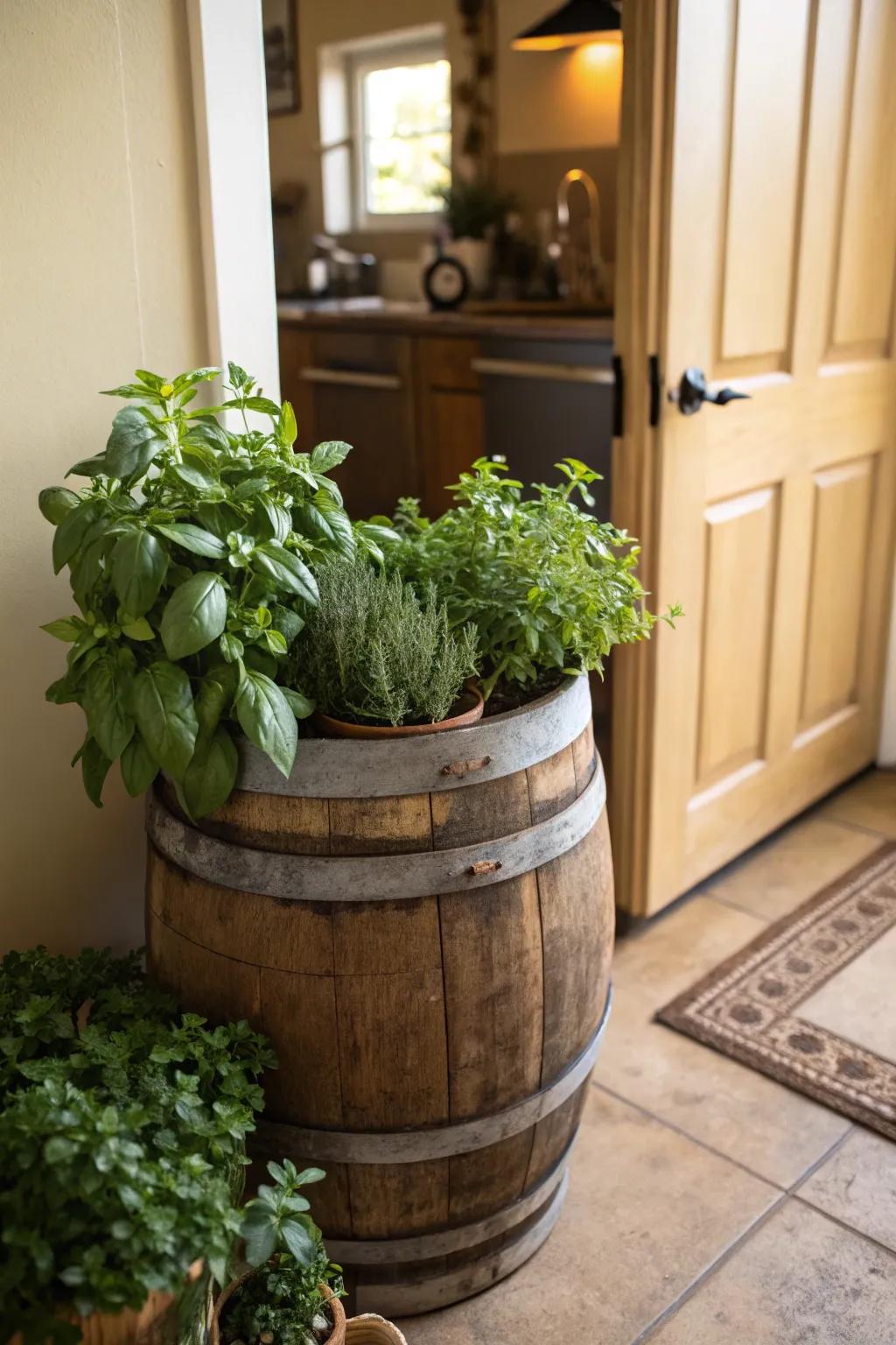 An accessible herb garden housed in a wine barrel.