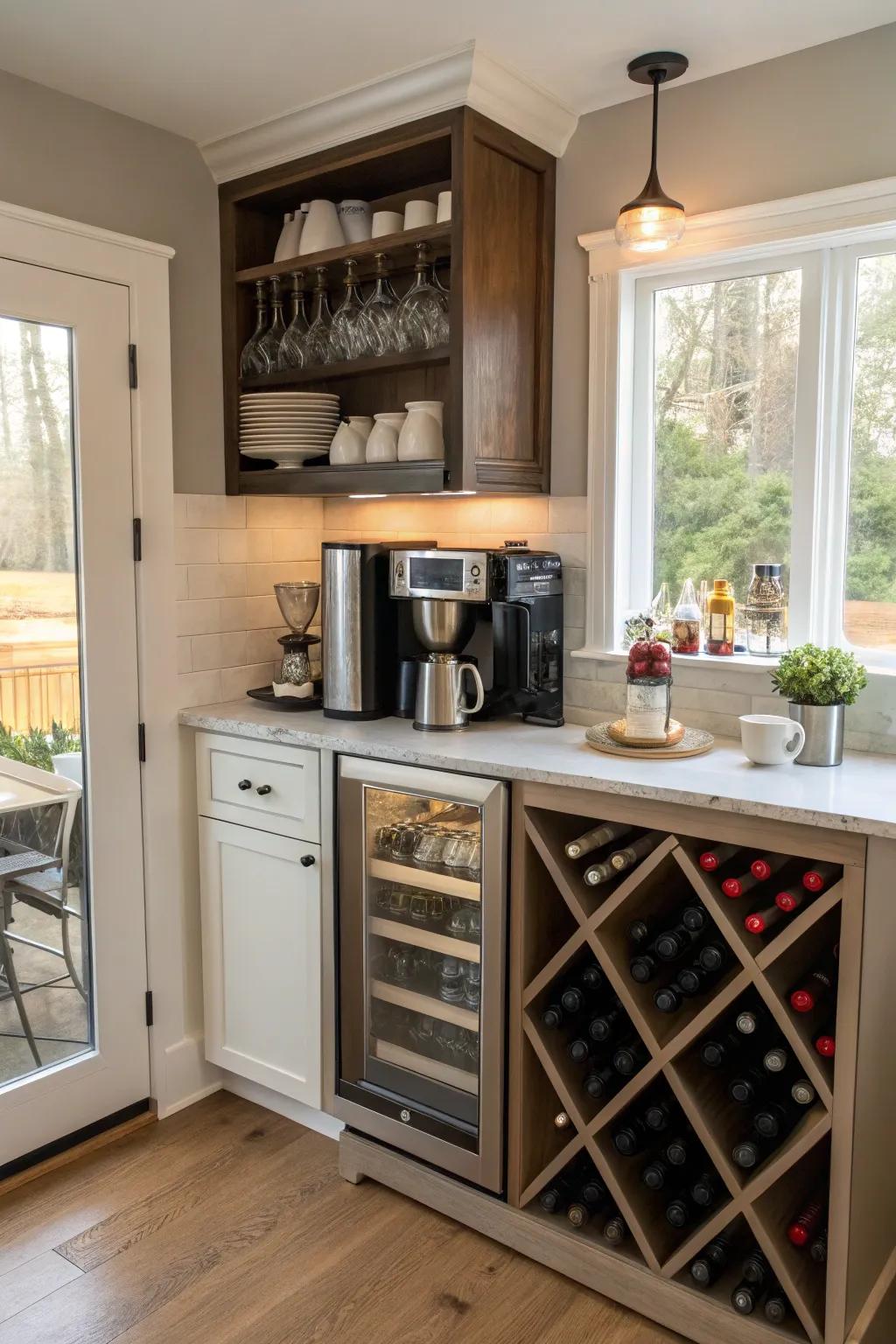 Create a flexible area by merging wine storage with other amenities.