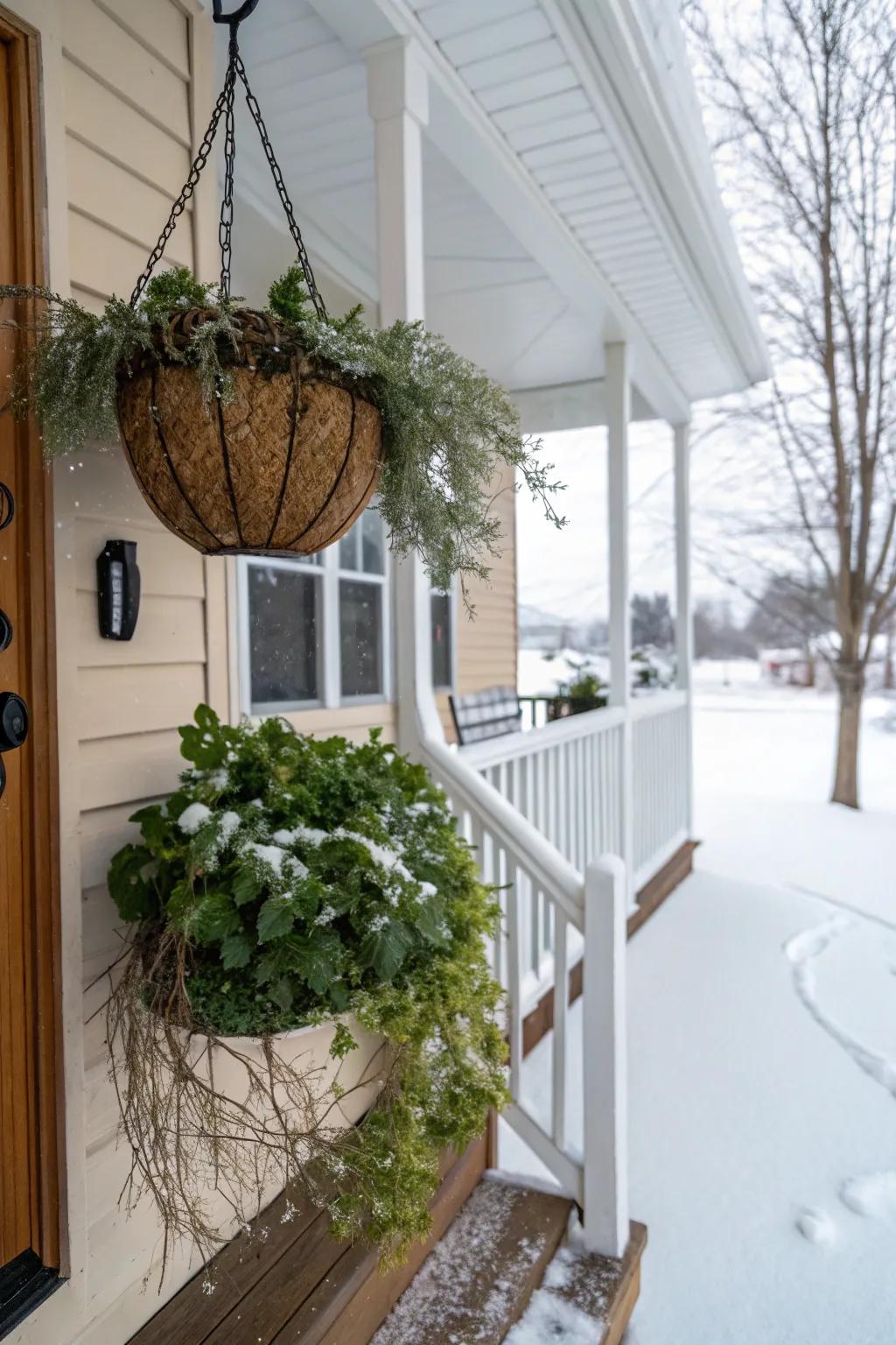 A suspension doorway container filled using winter vegetation.