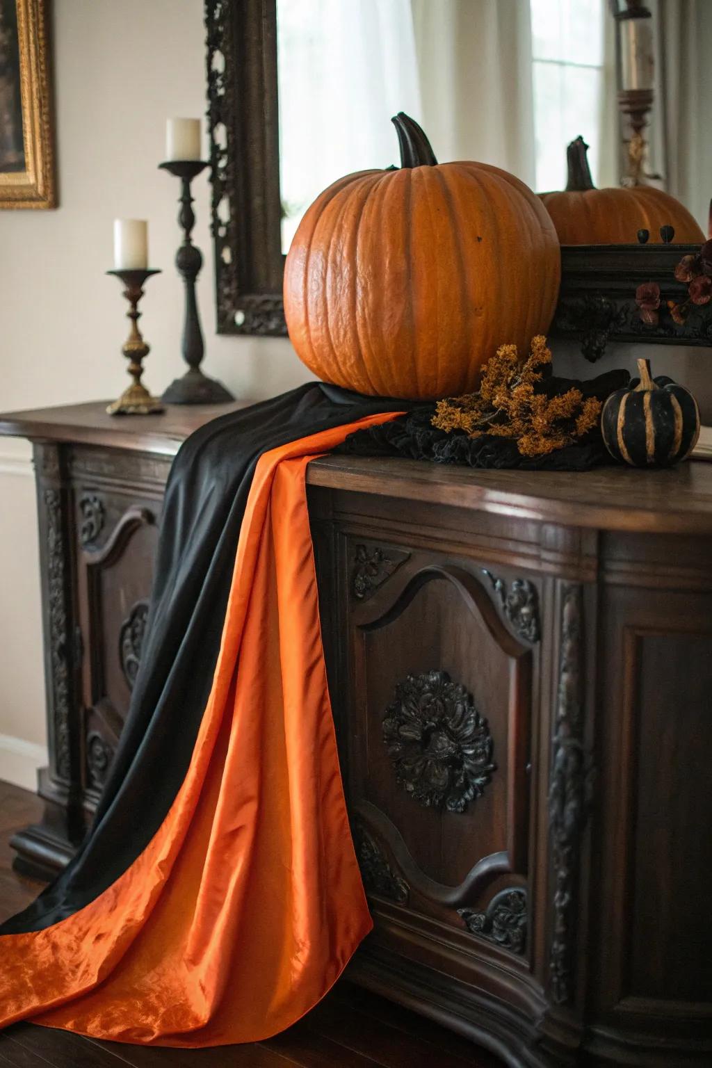 Pumpkin bedecked with vibrant textile highlights.