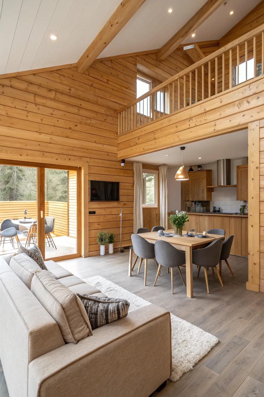 Wood paneling helps define open-plan living spaces.
