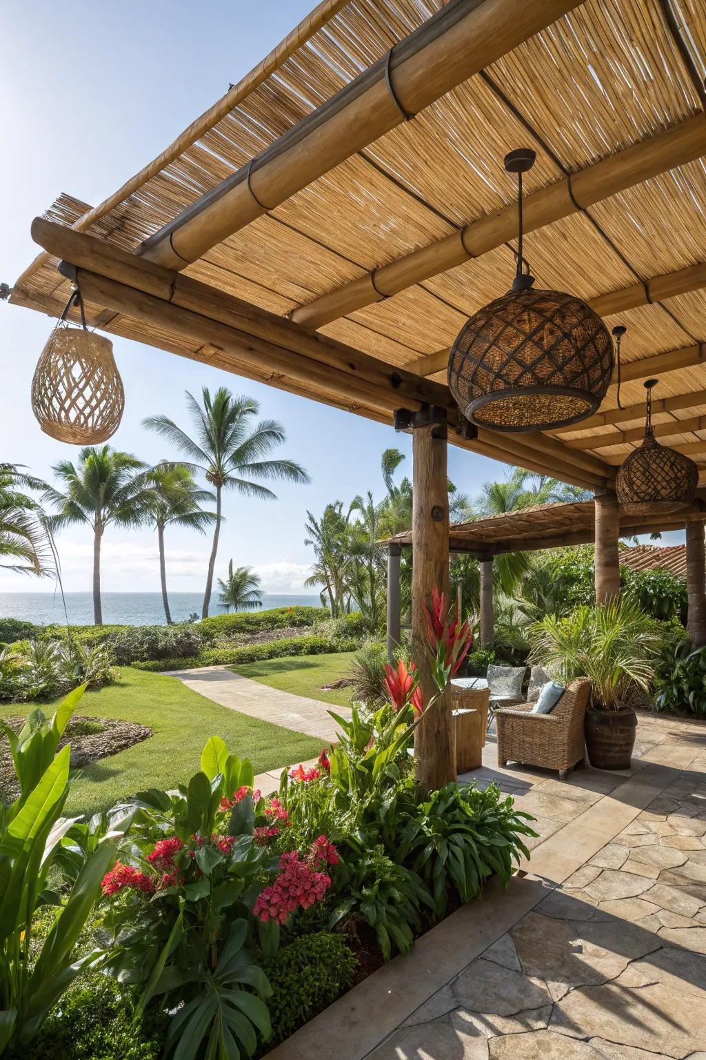 A tropical bamboo roof on a patio shelter.