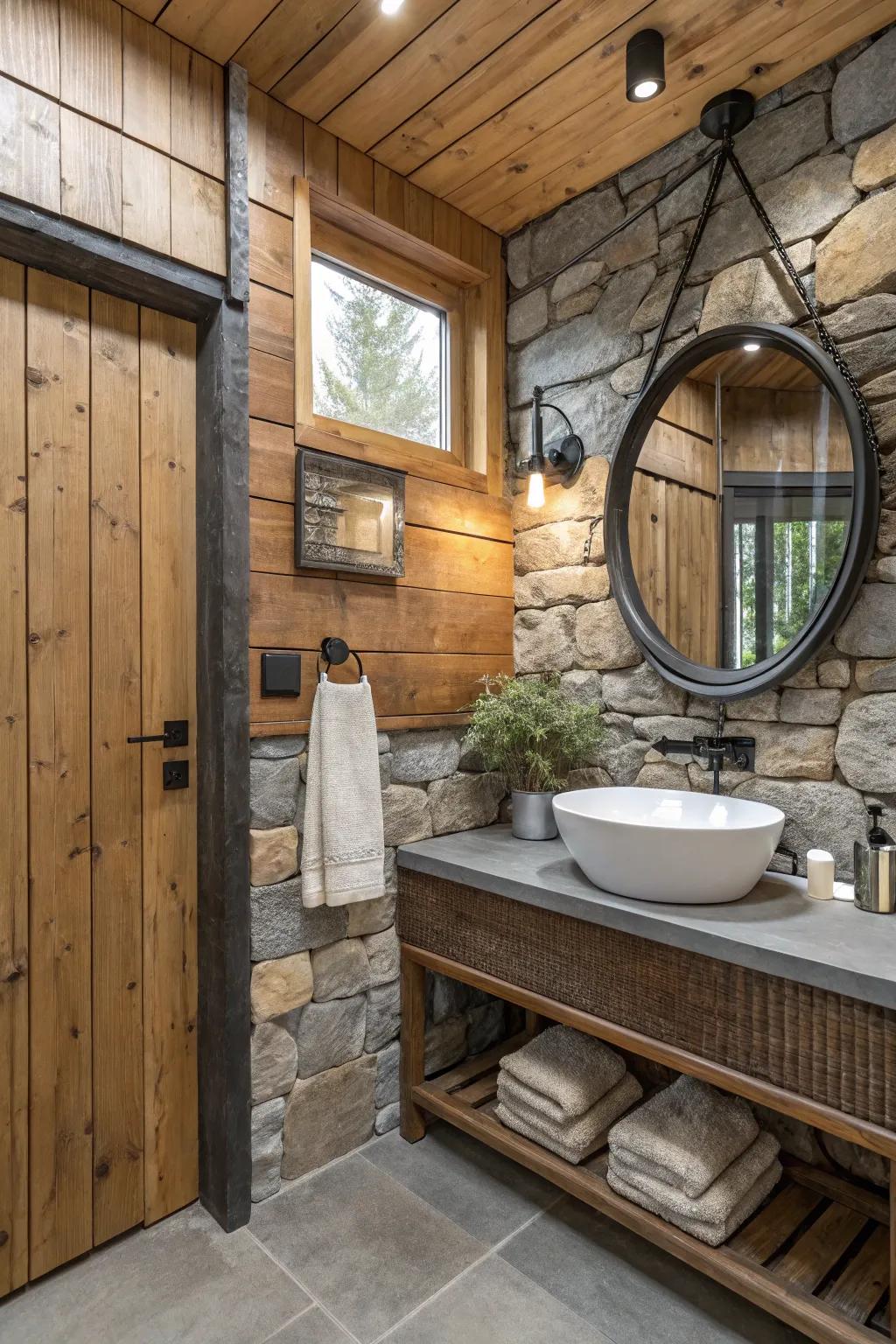 A lively mix of wood, stone, and metal in a stylish bathroom.