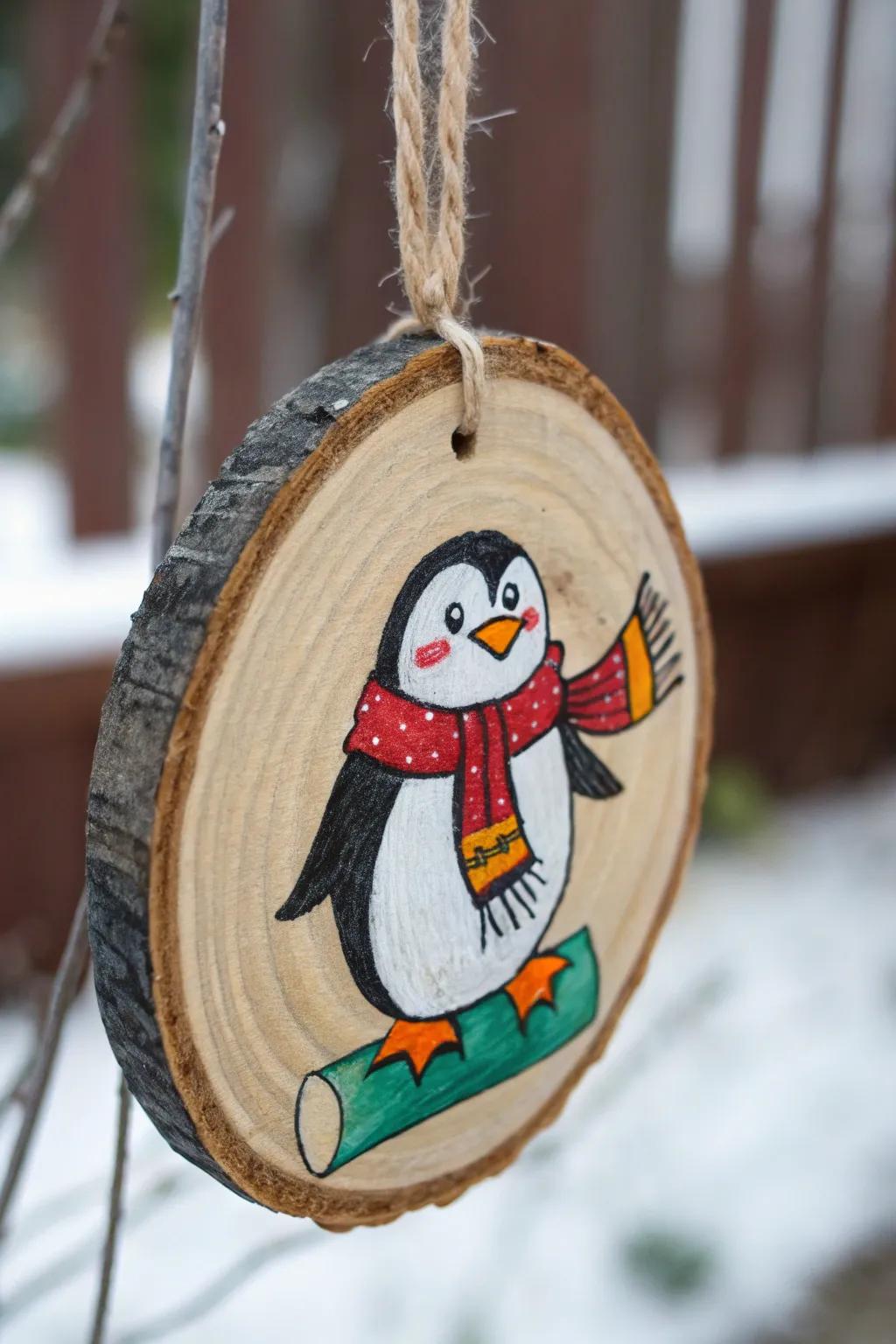 A whimsical penguin portrait imparts charm to this ornament.