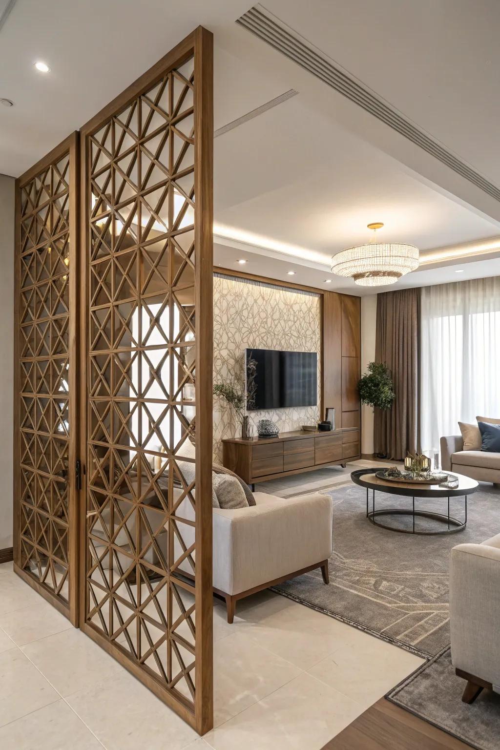 Geometric patterns on wood screens bring a bold and artistic touch to the space.