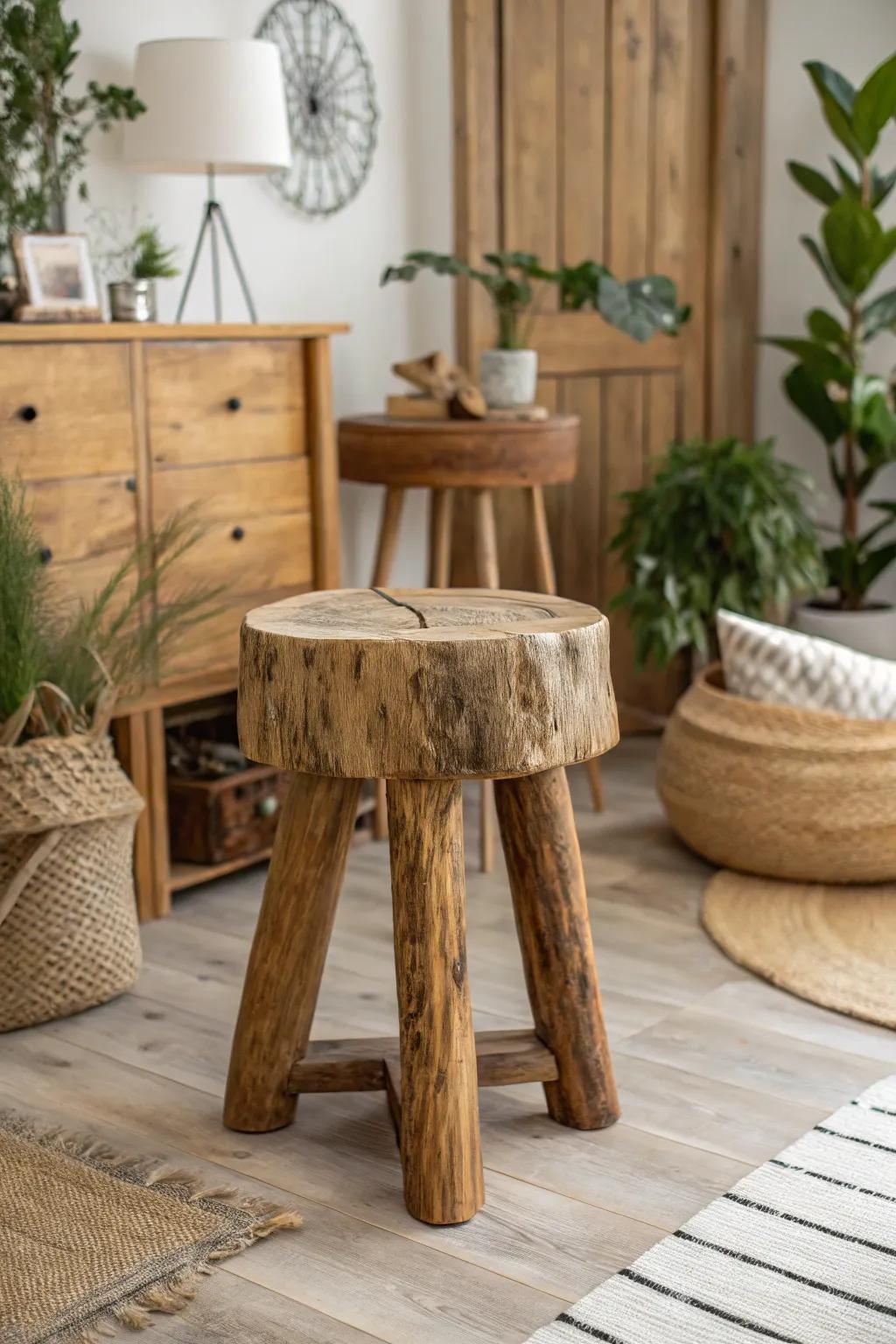 Unrefined beauty radiates from this natural wooden stool.