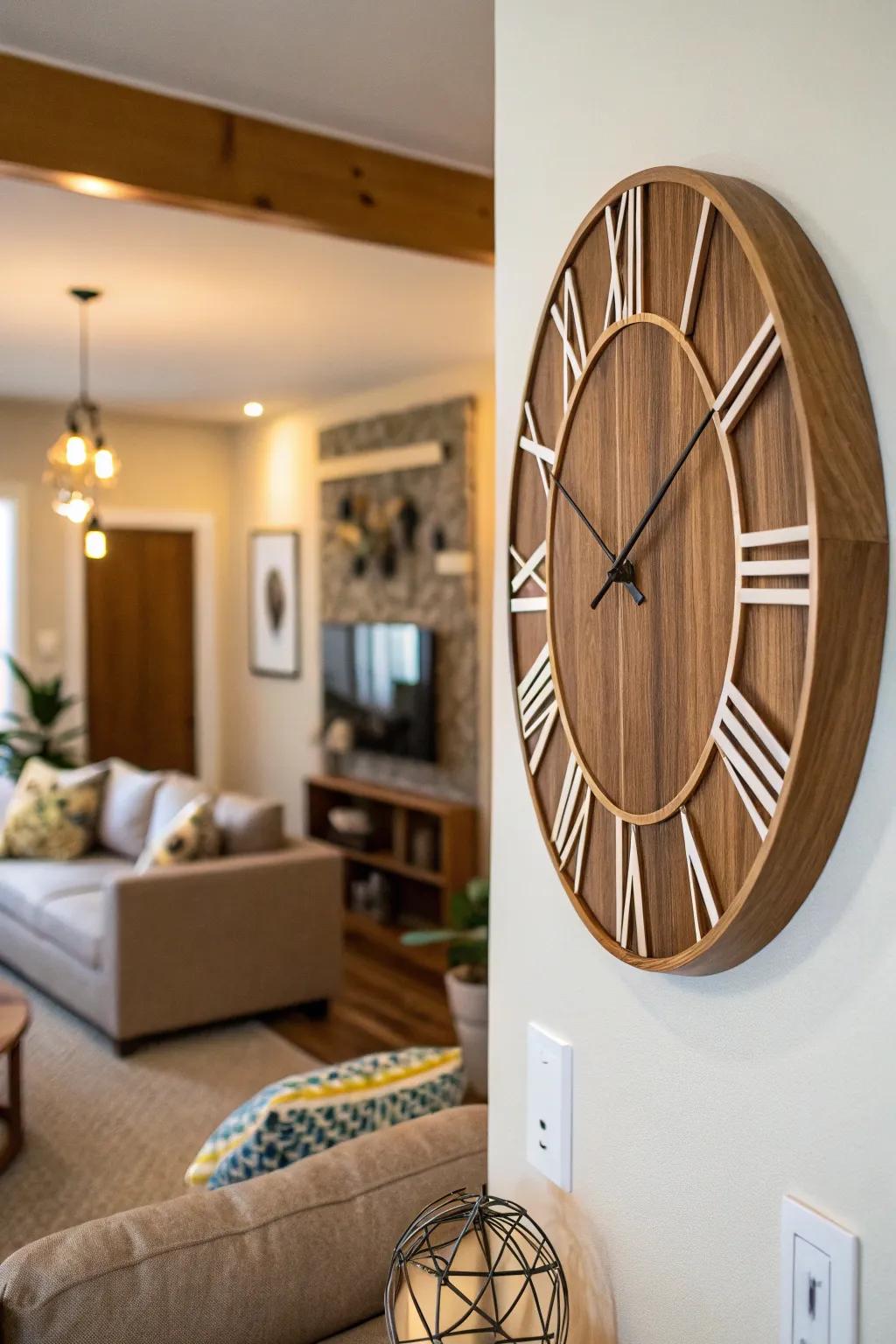 A wooden time piece that combines function with artistic design.
