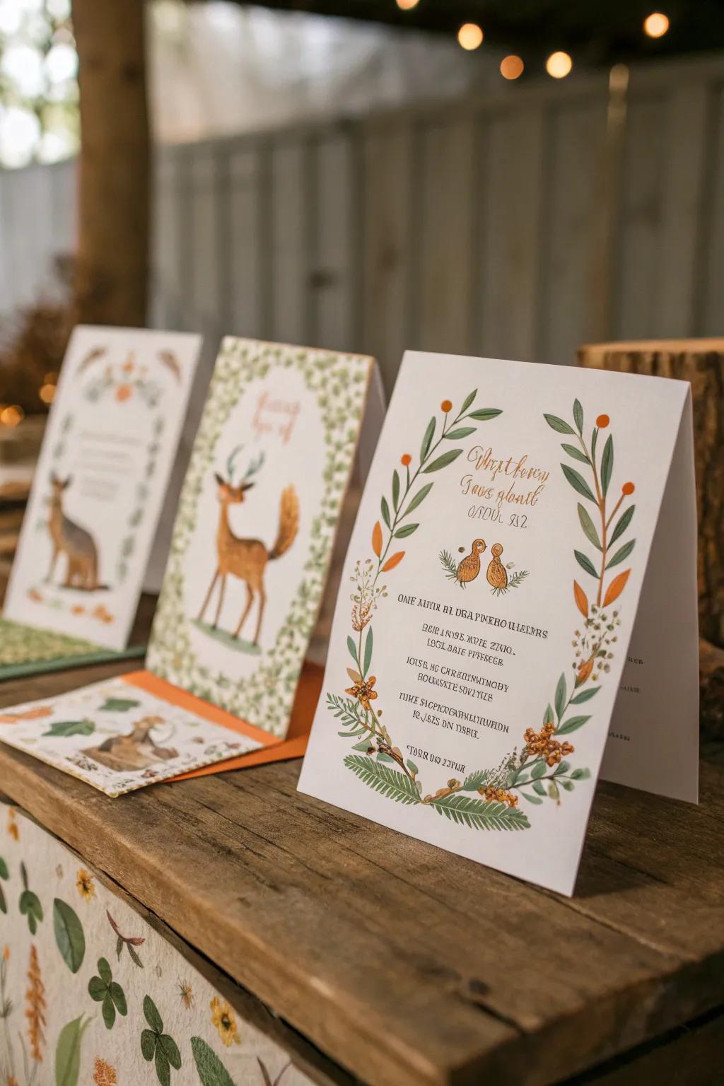 Invite guests using captivating forest-themed cards.