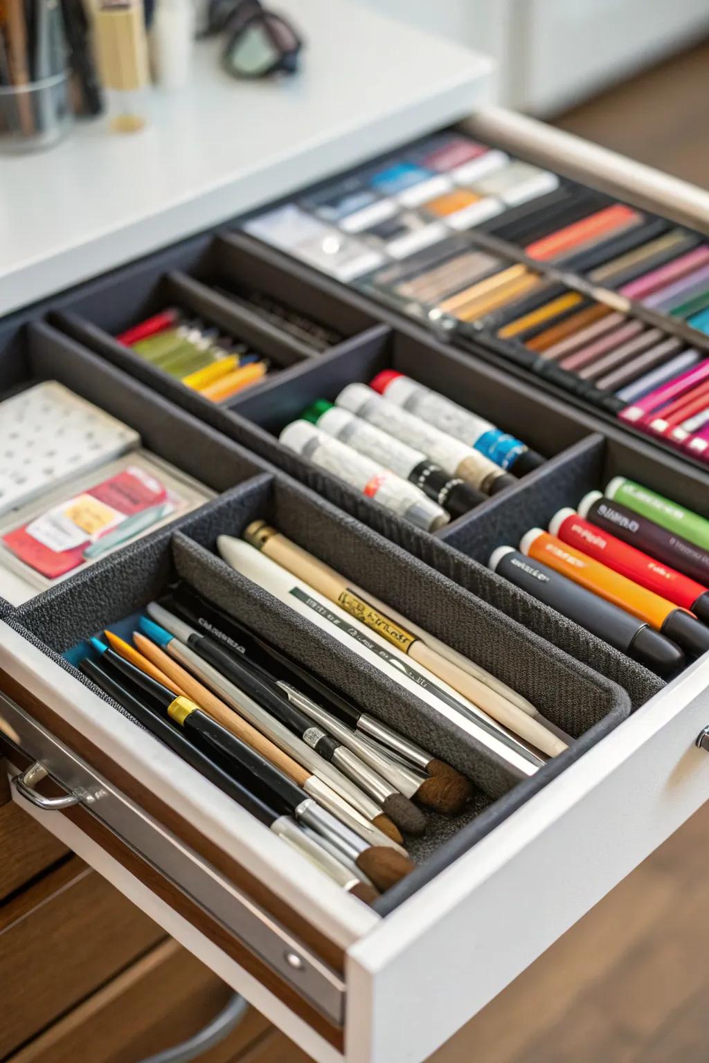 A custom art drawer keeps supplies organized and easy to reach.