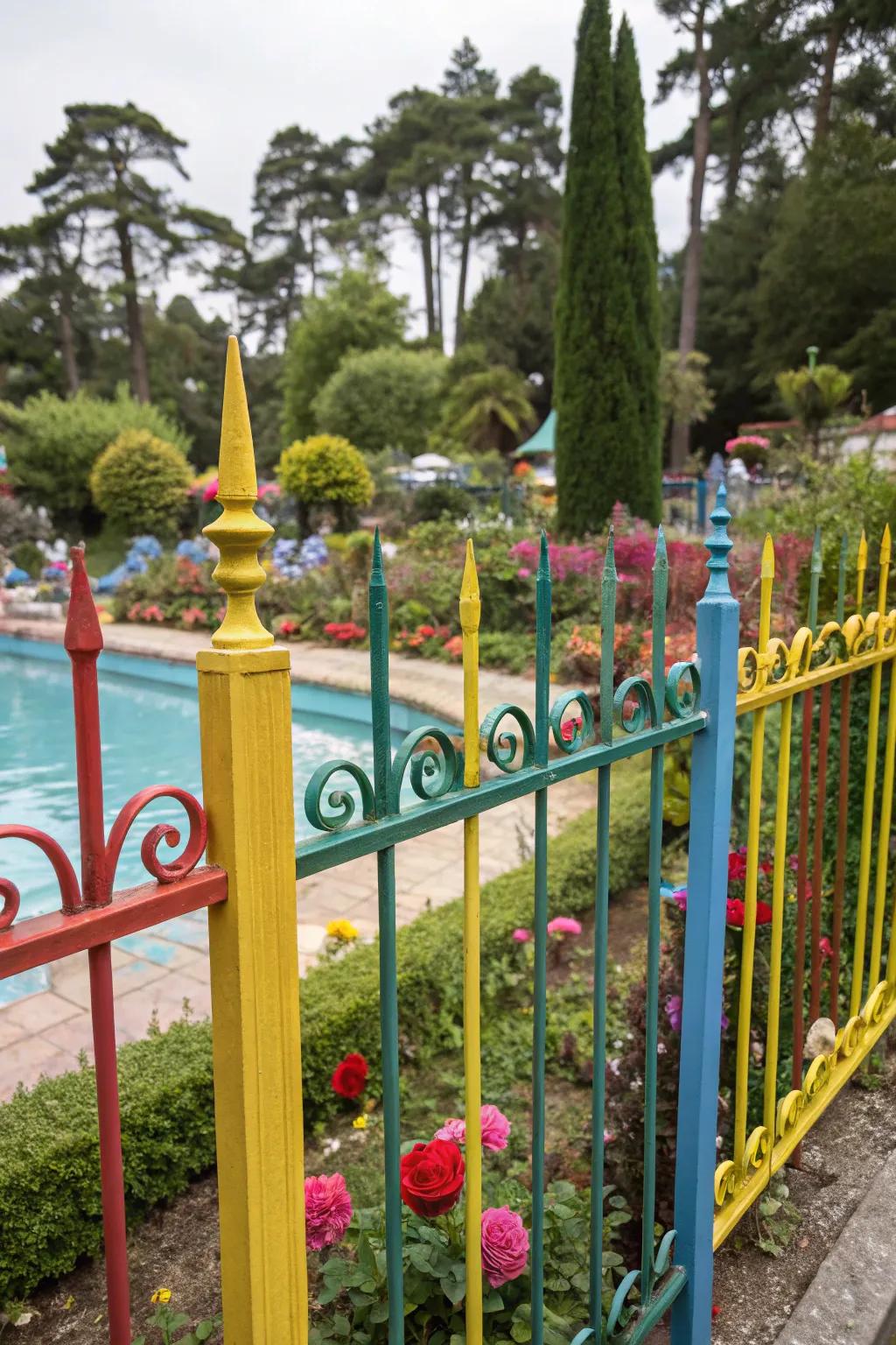 Colorful accents on a forged metal fence bring vibrancy to this pool area.