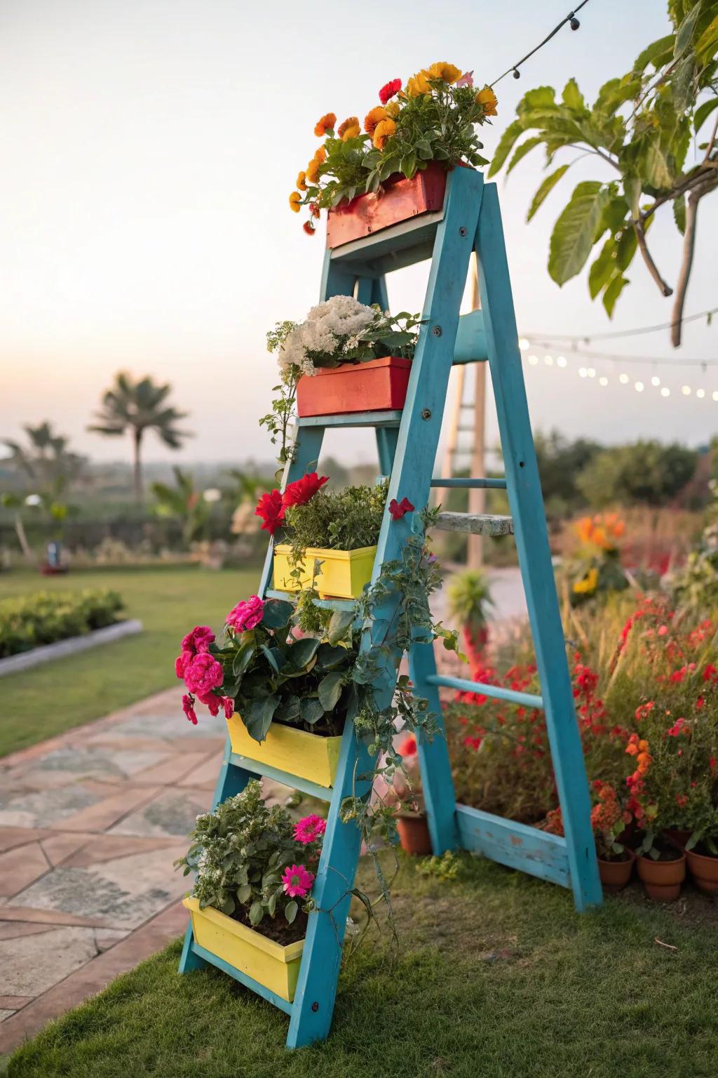 A stepstool blossom display introduces vertical intrigue to the garden.