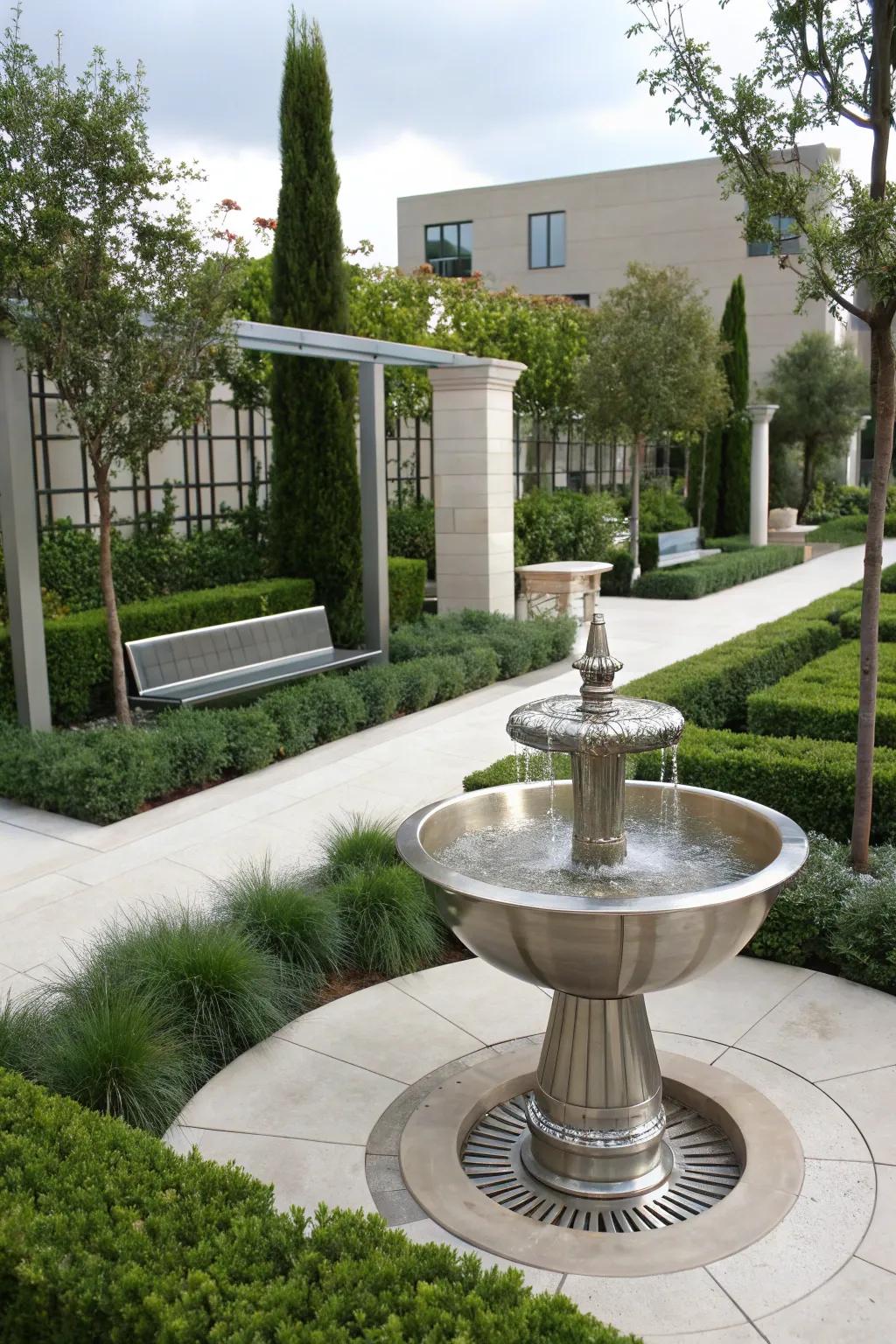 A gleaming metallic fountain contributing a modern touch to the garden.