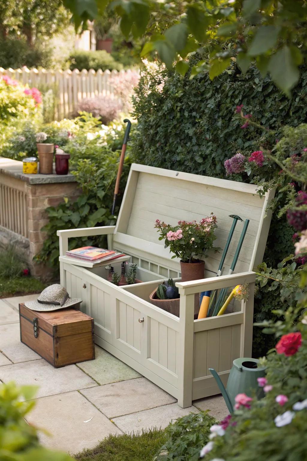 Dual-purpose seating featuring concealed tool storage.