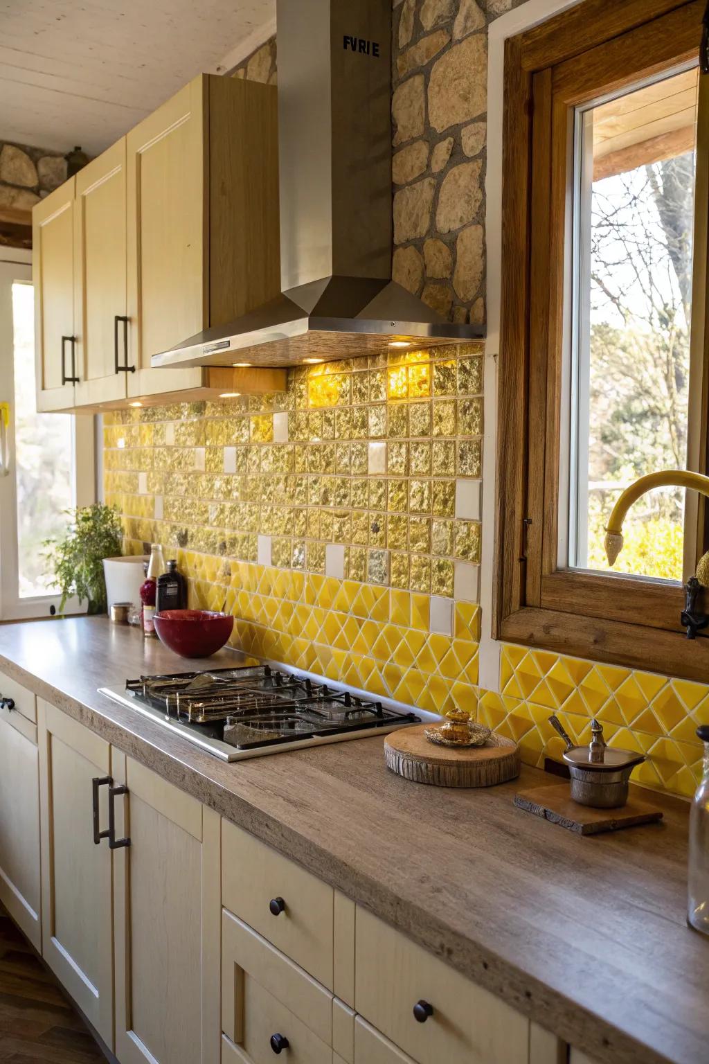 Patterned tiles in hues of goldenrod contribute depth and texture.