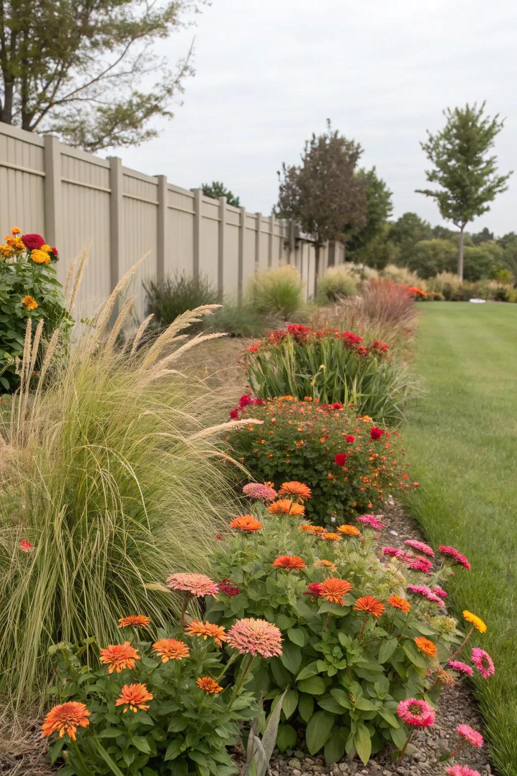 An effortless garden showcasing zinnias alongside succulents and grasses.