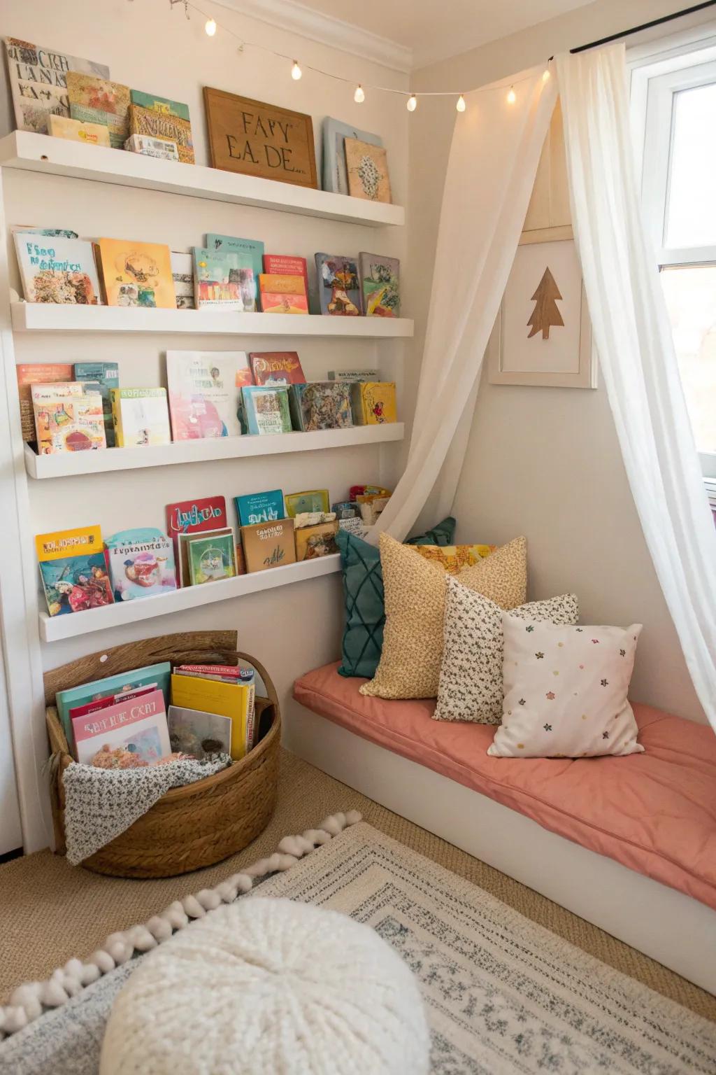 A reading nook fosters a love for books and peaceful exploration.