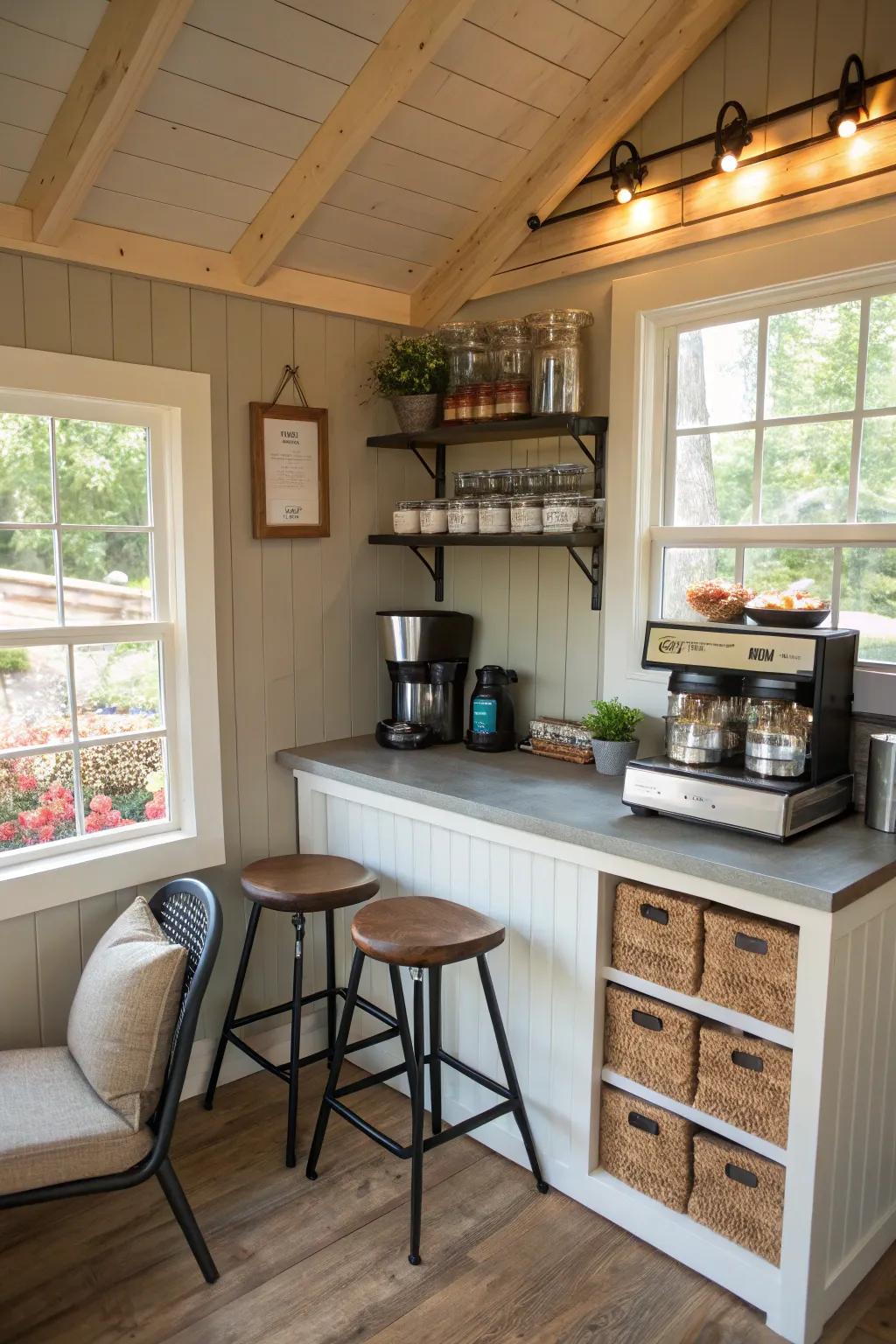 Relish a personal coffee nook arrangement in your shed.