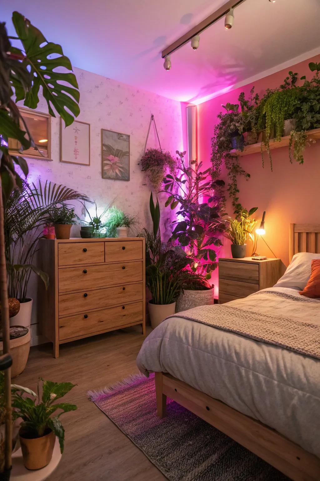 Energetic plants illuminated by LED lights inject life into the room.