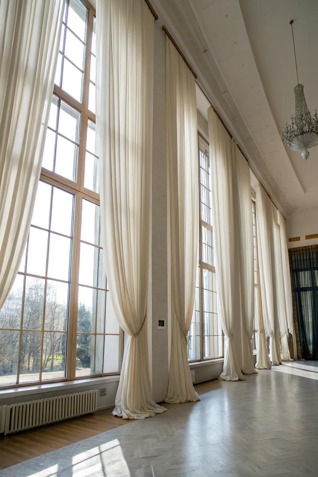 Drapes hung high to give the appearance of taller ceilings.