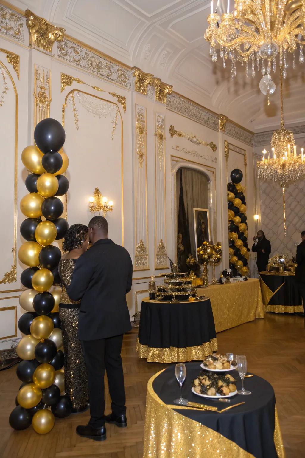Celebrate in flair with a stylish black and gold gathering.