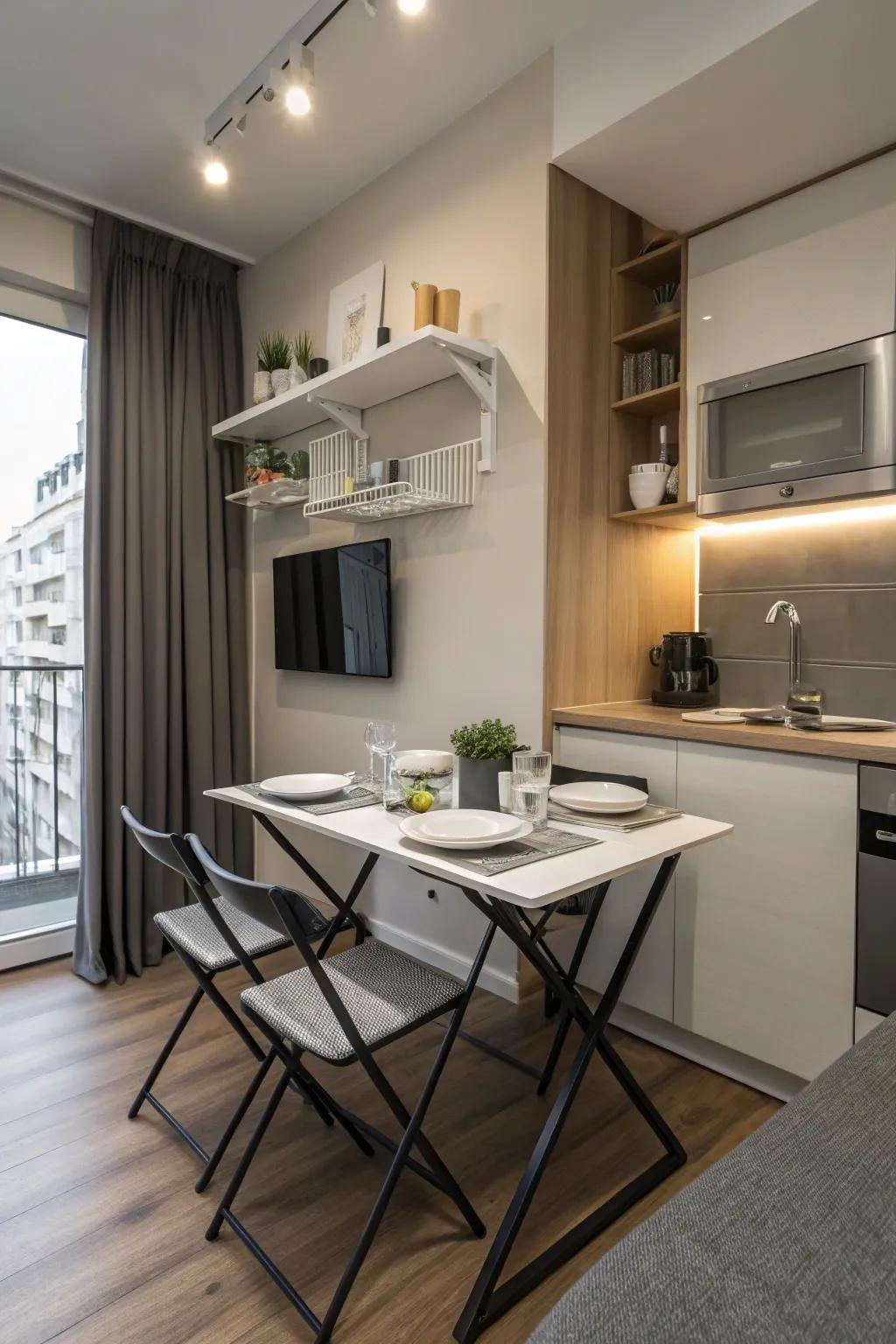 A foldable dining table contributes flexibility to your compact studio lounge.