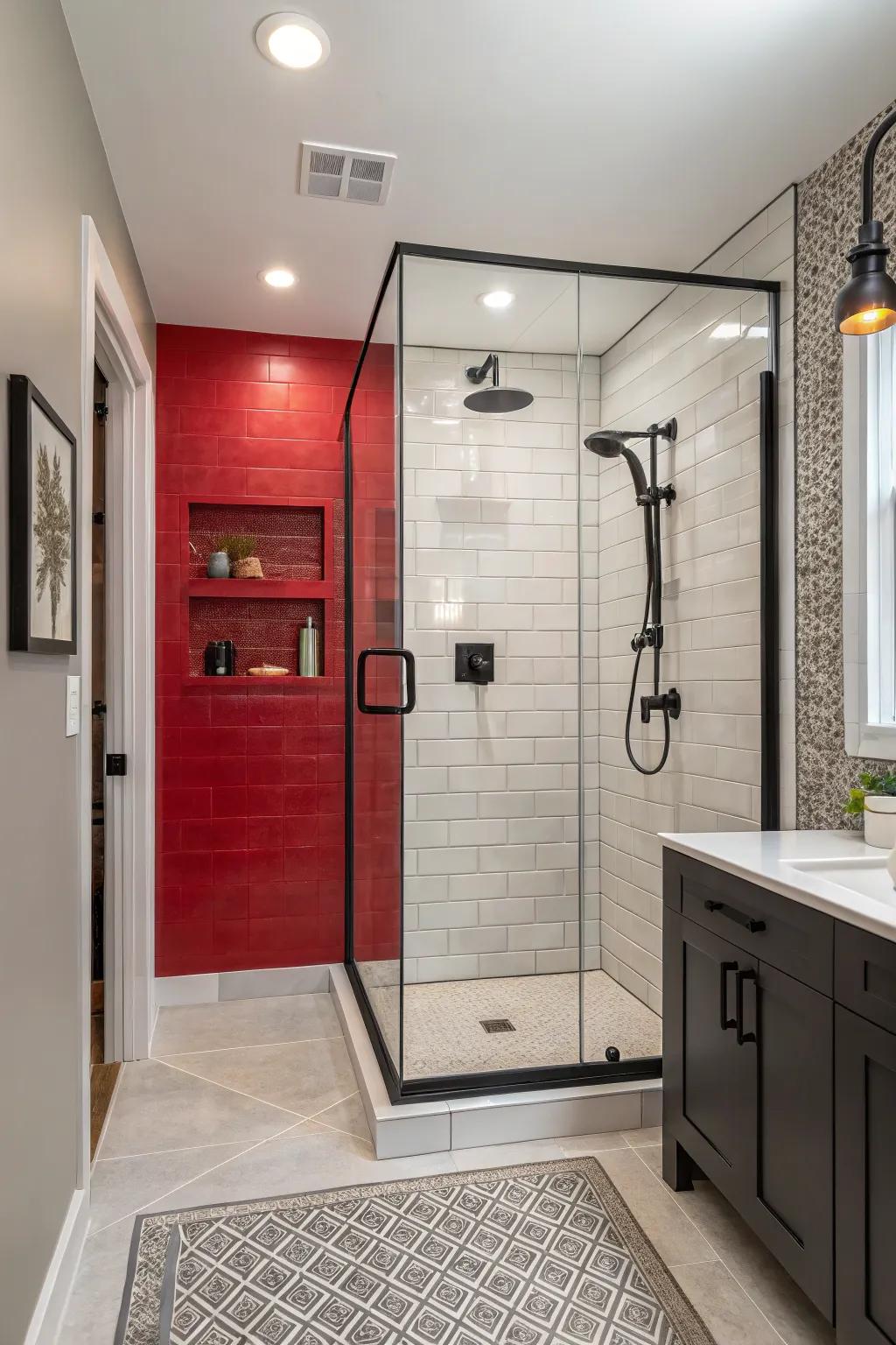 Highlight walls inject color and individuality into snug showers.