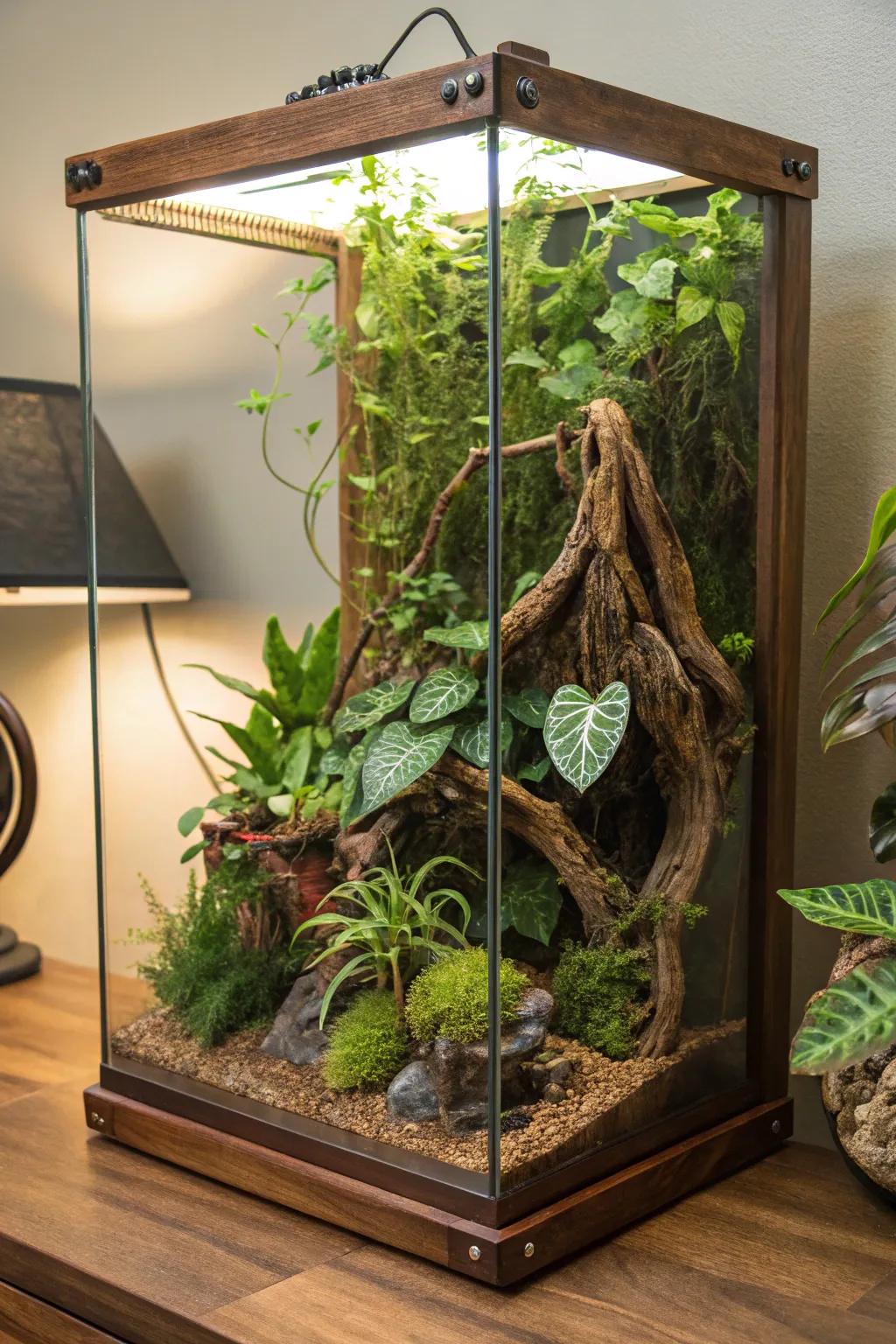 A rainforest hideaway terrarium with rich greenery.