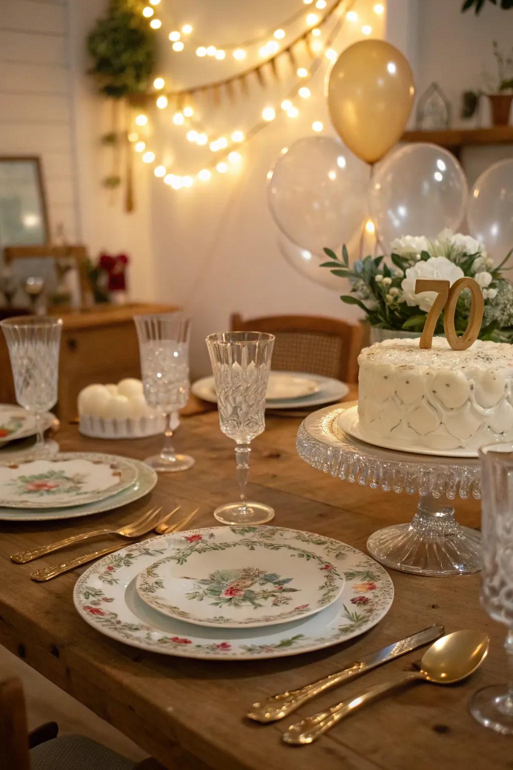 Vintage dinnerware enhances the charm of the celebration.